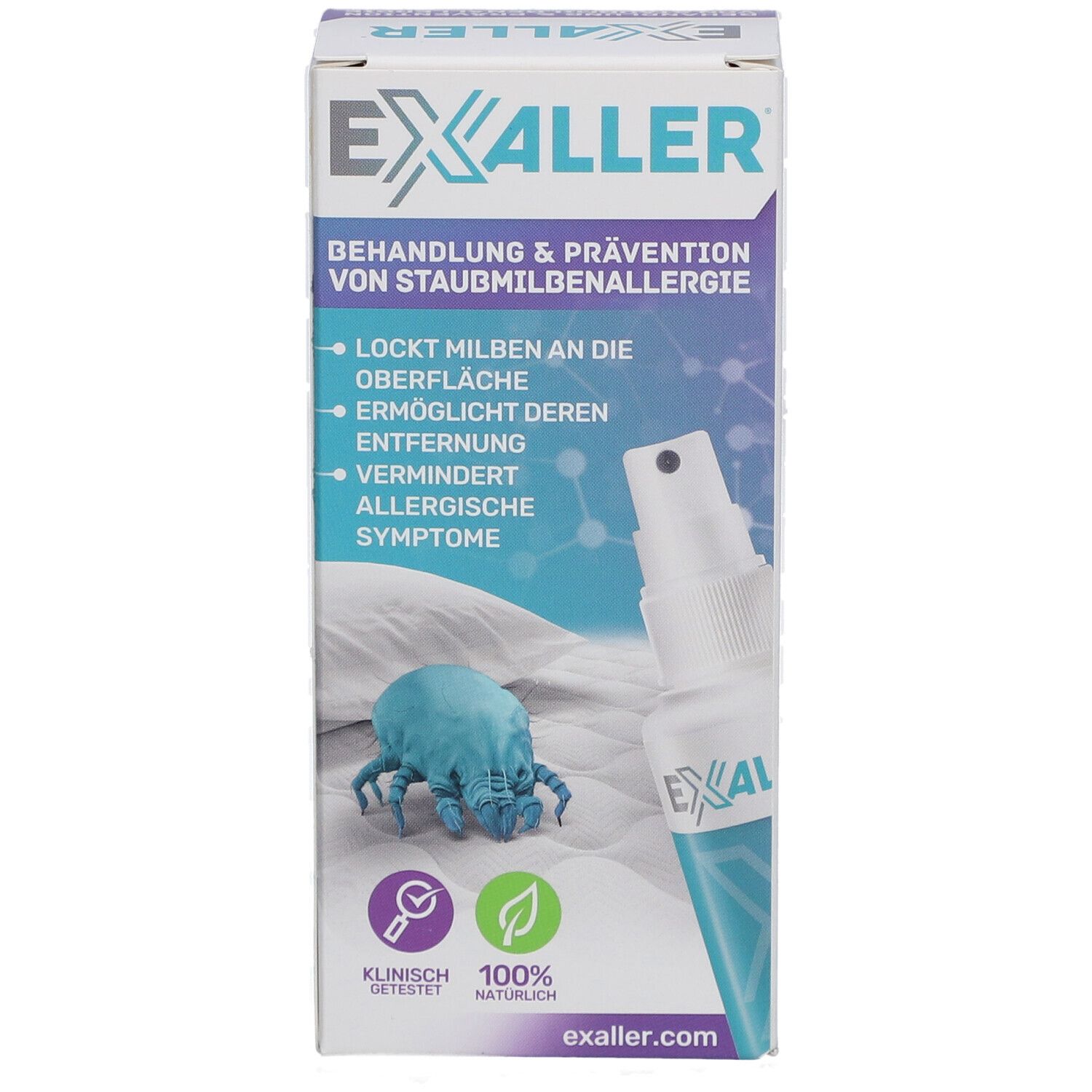 ExAller®-Spray Verpackung. Produktinformationen und Logo. Klinisch getestet. 100% natürlich.