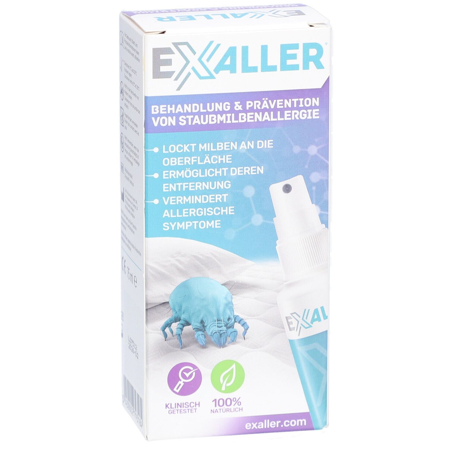 ExAller®-Spray Verpackung. Produktinformationen und Logo. Klinisch getestet. 100% natürlich.