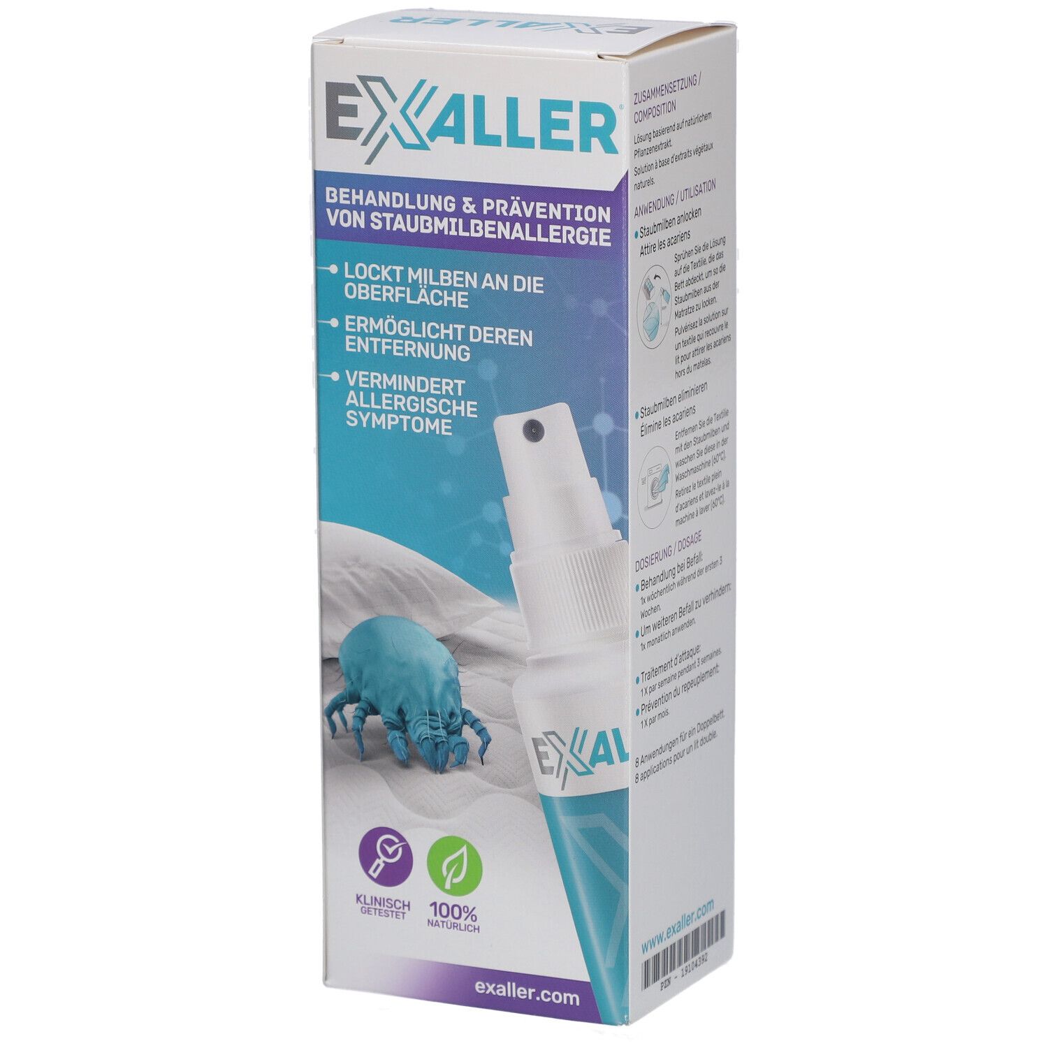 ExAller®-Spray und Verpackung. Aufschrift: Behandlung & Prävention von Staubmilbenallergie. Klinisch getestet, 100% natürlich.