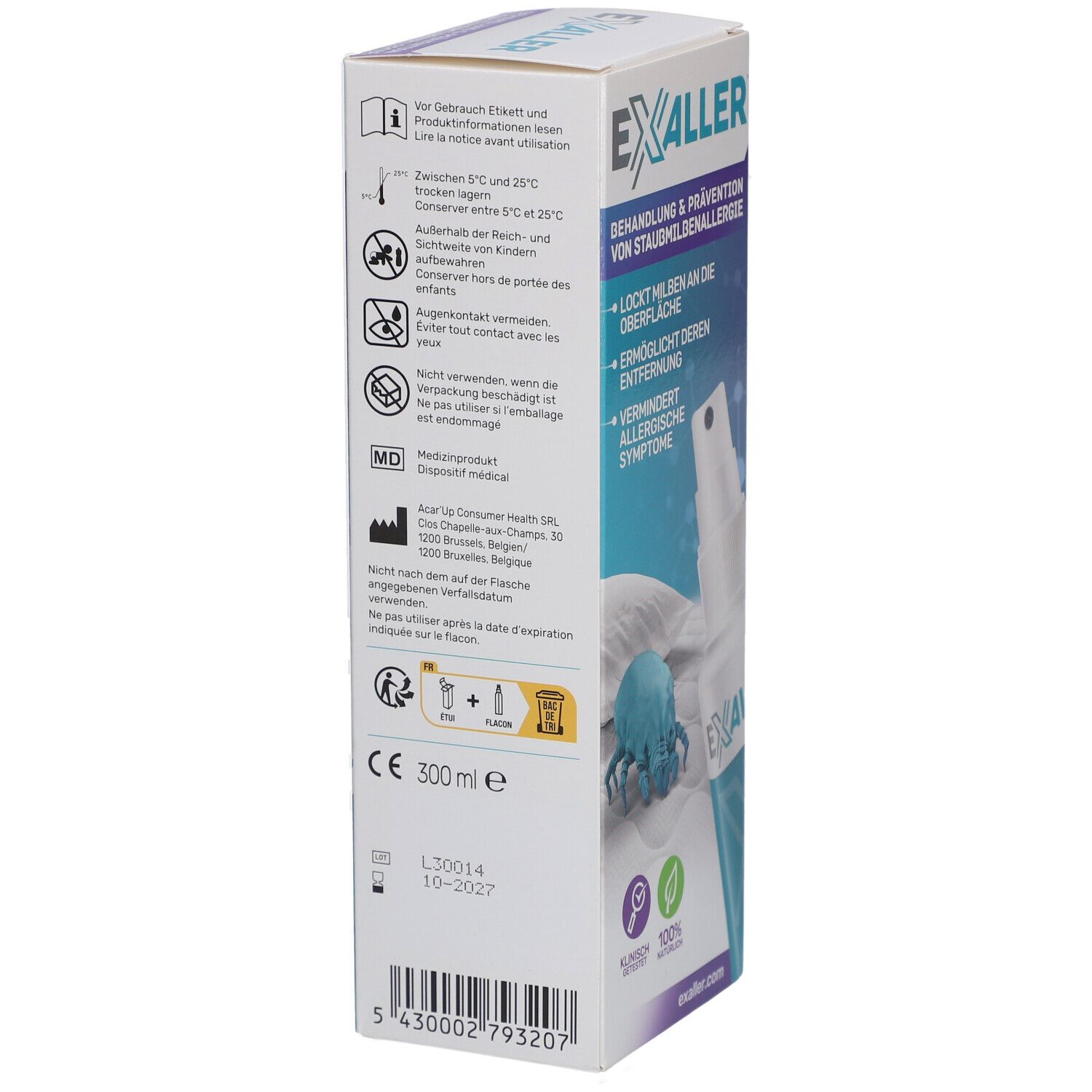 ExAller®-Verpackung. Aufschrift: Behandlung & Prävention von Staubmilbenallergie. Inhaltsstoffe, Anwendung, Dosierung. 300 ml.