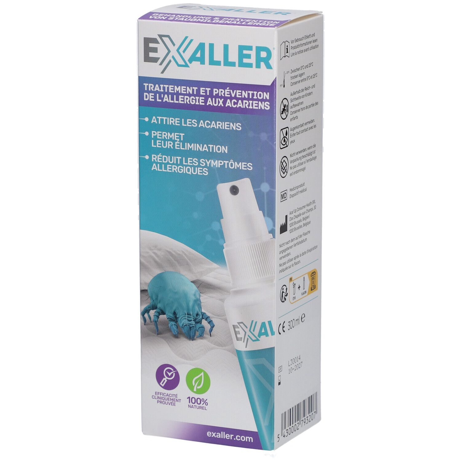 ExAller®-Verpackung. Aufschrift: Behandlung & Prävention von Staubmilbenallergie. Inhaltsstoffe, Anwendung, Dosierung. 300 ml.