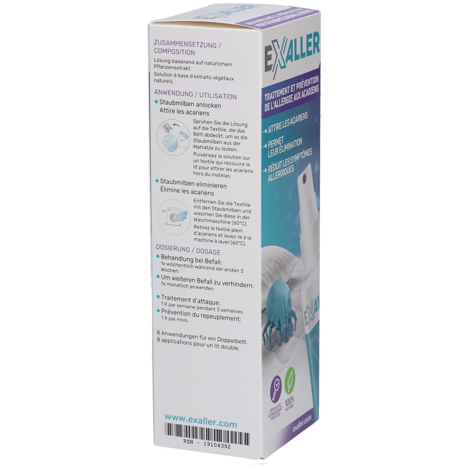 ExAller®-Spray und Verpackung. Aufschrift: Behandlung & Prävention von Staubmilbenallergie. Klinisch getestet, 100% natürlich.