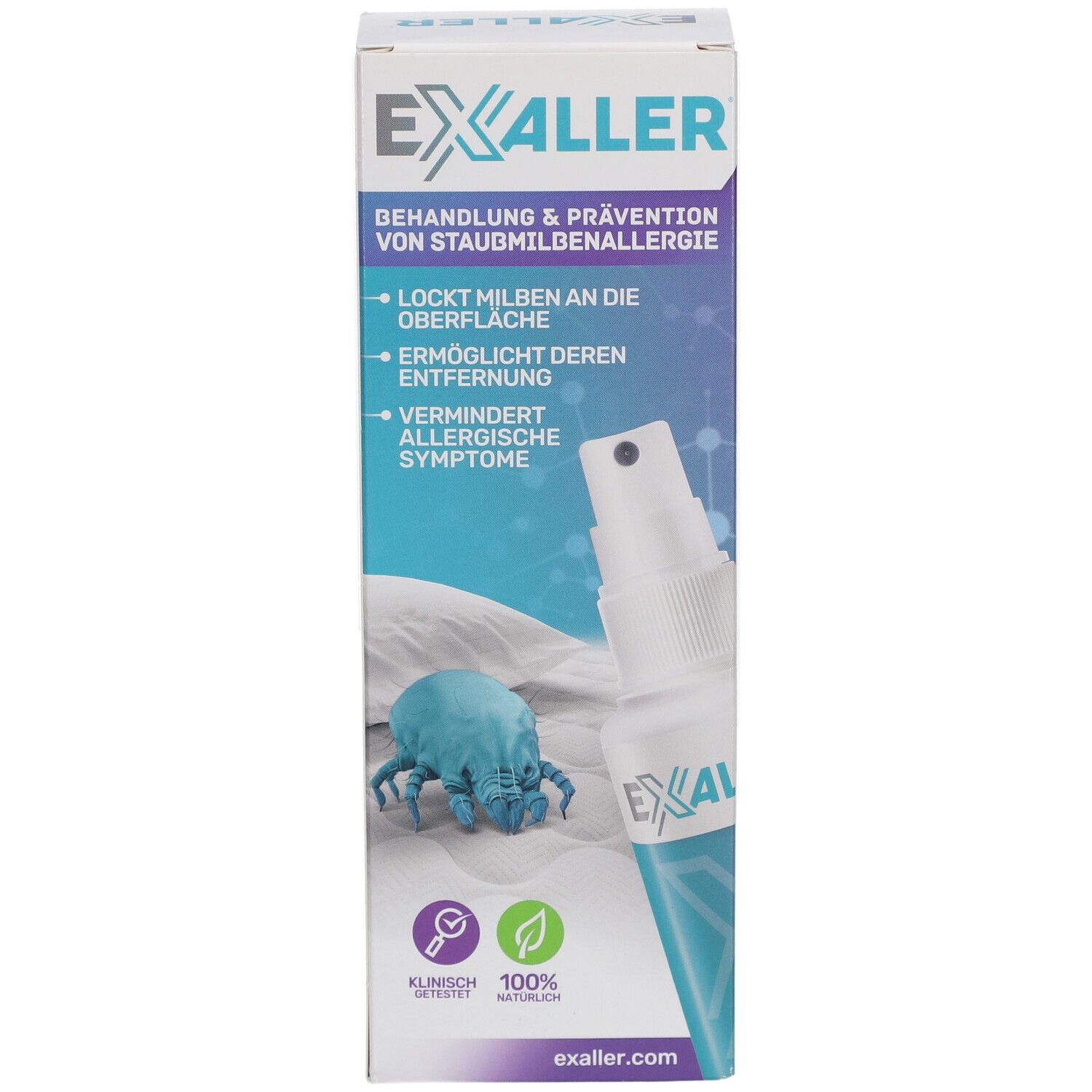 ExAller®-Spray und Verpackung. Aufschrift: Behandlung & Prävention von Staubmilbenallergie. Klinisch getestet, 100% natürlich.