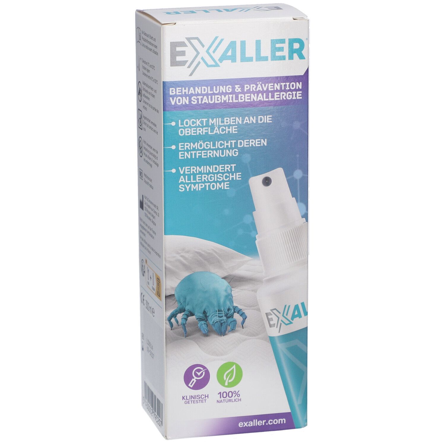 ExAller®-Spray und Verpackung. Aufschrift: Behandlung & Prävention von Staubmilbenallergie. Klinisch getestet, 100% natürlich.