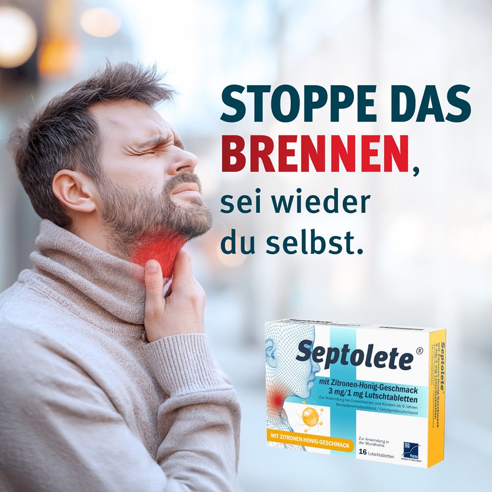 Mann mit Halsschmerzen, daneben Septolete Lutschtabletten mit Zitrone-Honig-Geschmack.