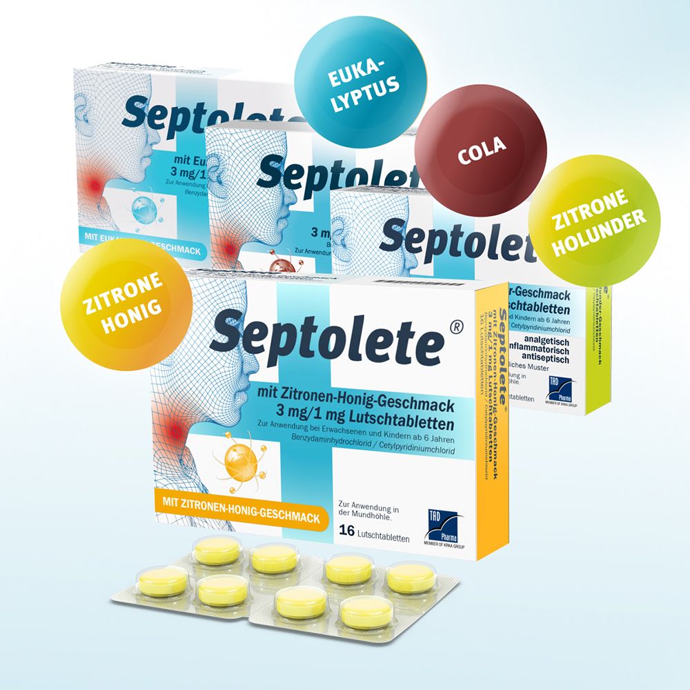 Septolete Lutschtabletten mit Zitrone-Honig-Geschmack, 16 Stück.