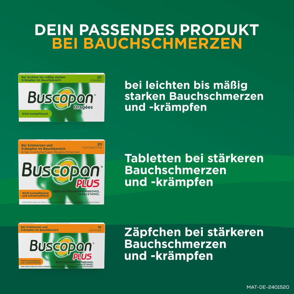 Buscopan® Dragées mit Butylscopolamin bei leichten bis mäßig starken Bauchschmerzen und Bauchkrämpfen - Jetzt 10% mit dem Code nattermann10 sparen*