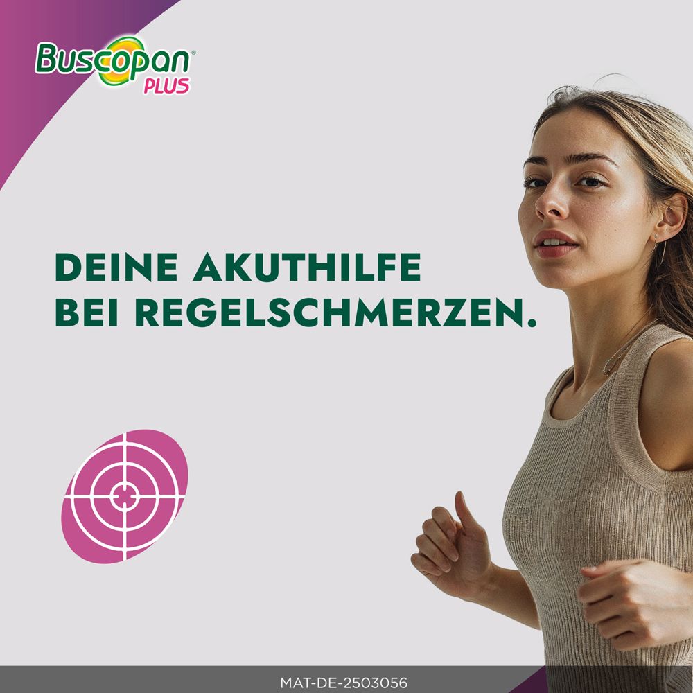 Frau läuft. Text: Deine Akuthilfe bei Regelschmerzen. Zielscheibe. Pinker Hintergrund.
