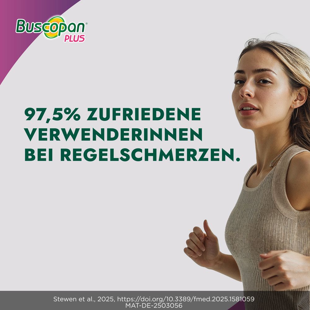 Frau läuft. Text: 97,5% zufriedene Verwenderinnen bei Regelschmerzen. Pinker Hintergrund.