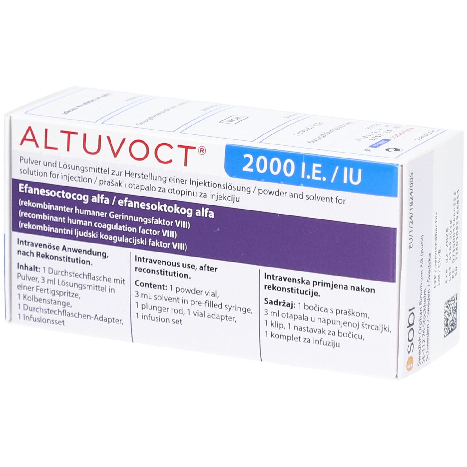 Verpackung von ALTUVOCT 2000 I.E./IU. Enthält Pulver und Lösungsmittel zur Herstellung einer Injektionslösung.