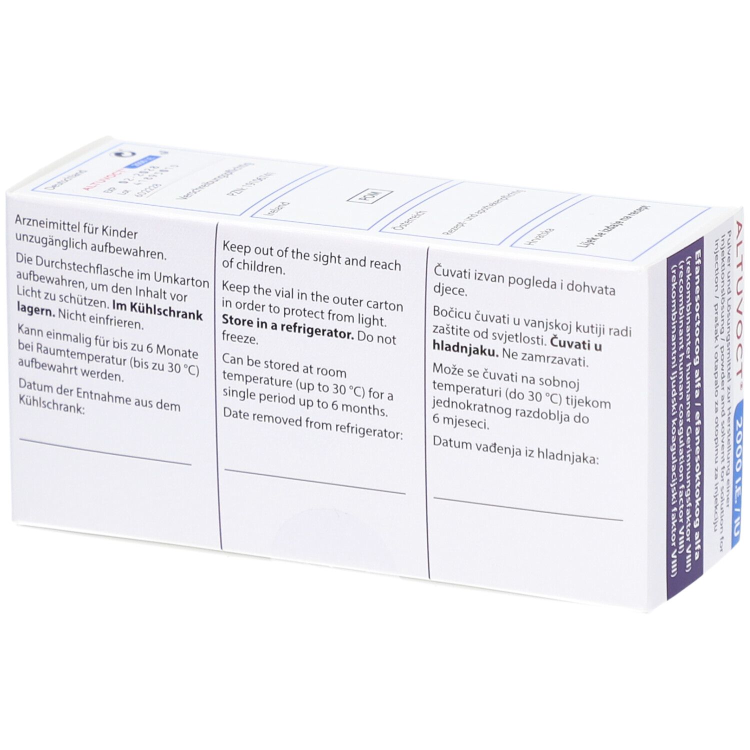 Rückseite der ALTUVOCT Verpackung. Enthält Informationen zur Aufbewahrung und Haltbarkeit.