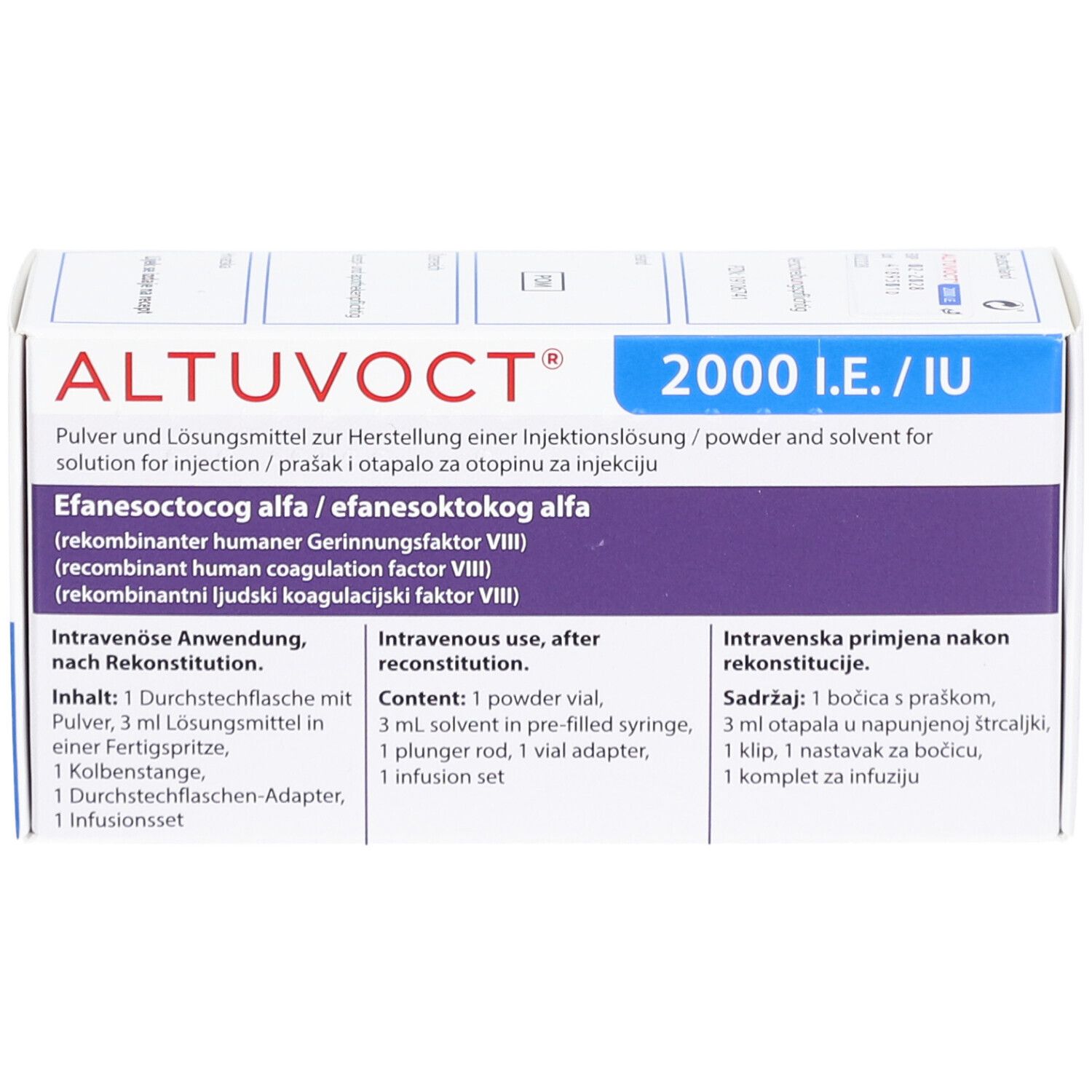 Vorderansicht der ALTUVOCT 2000 I.E./IU Verpackung. Produktname und Dosierung deutlich sichtbar.