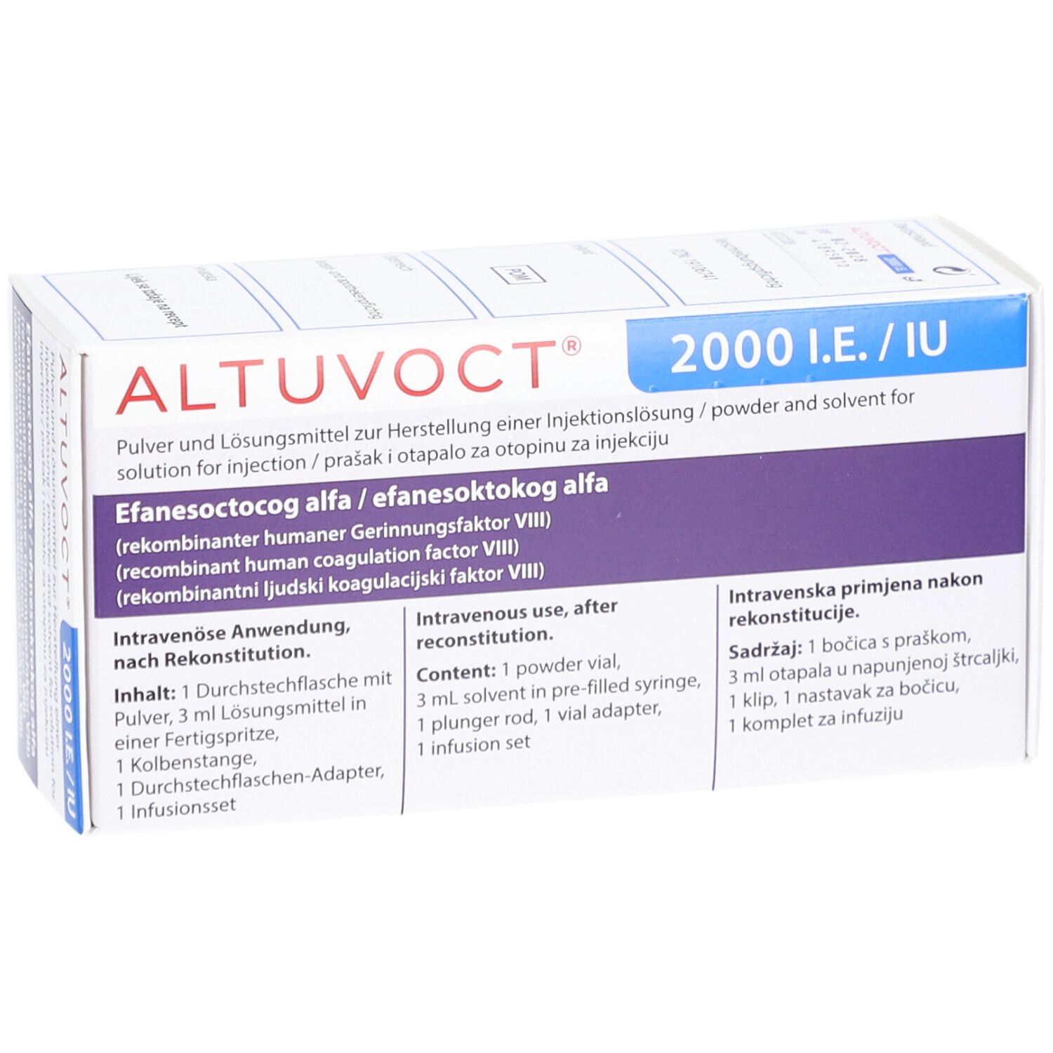 Vorderansicht der ALTUVOCT 2000 I.E./IU Verpackung. Produktname und Dosierung deutlich sichtbar.