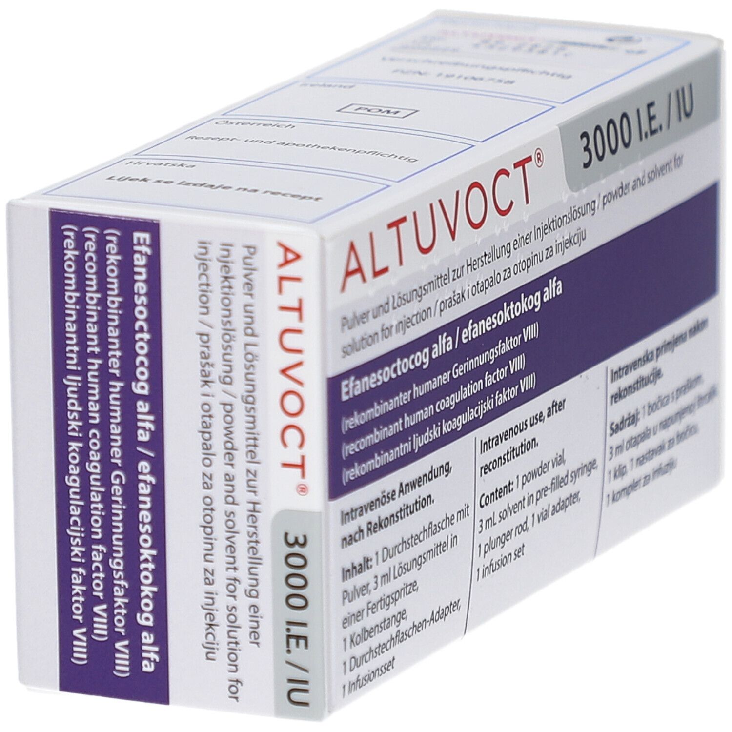 Schrägansicht der ALTUVOCT 3000 I.E. Verpackung. Enthält Pulver und Lösungsmittel zur Herstellung einer Injektionslösung.