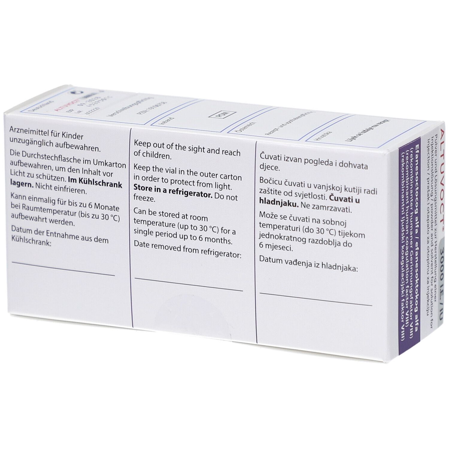 Rückseite der ALTUVOCT 3000 I.E. Verpackung. Enthält Informationen zur Aufbewahrung und Haltbarkeit des Produkts.