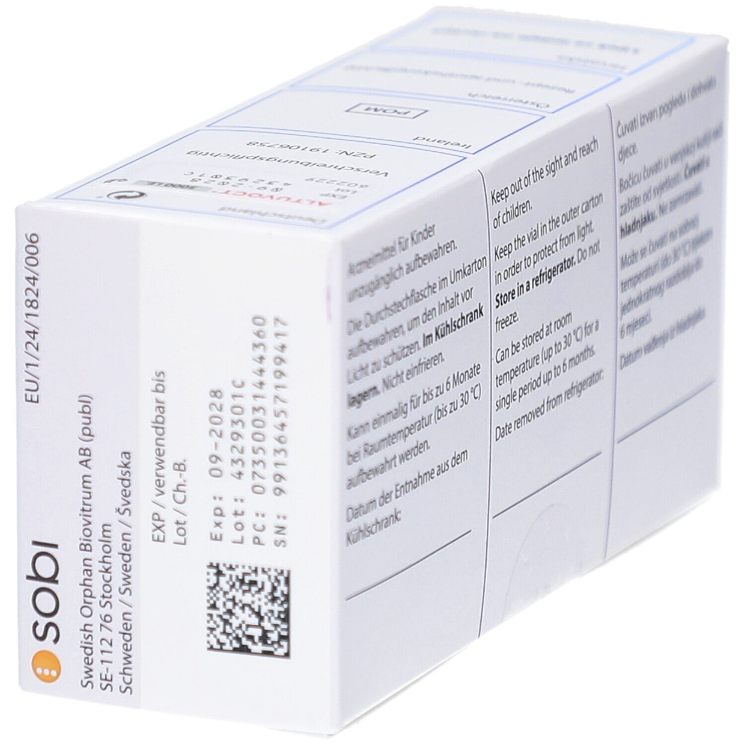 Seitenansicht der ALTUVOCT 3000 I.E. Verpackung. Zeigt Informationen wie Chargennummer und Verfallsdatum.