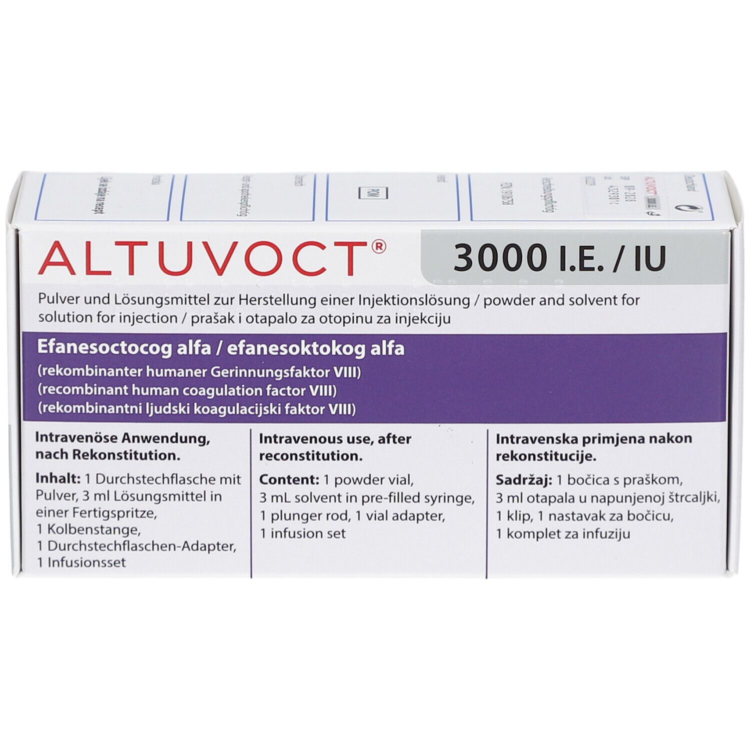 Vorderansicht der ALTUVOCT 3000 I.E. Verpackung. Enthält Informationen zur intravenösen Anwendung nach Rekonstitution.