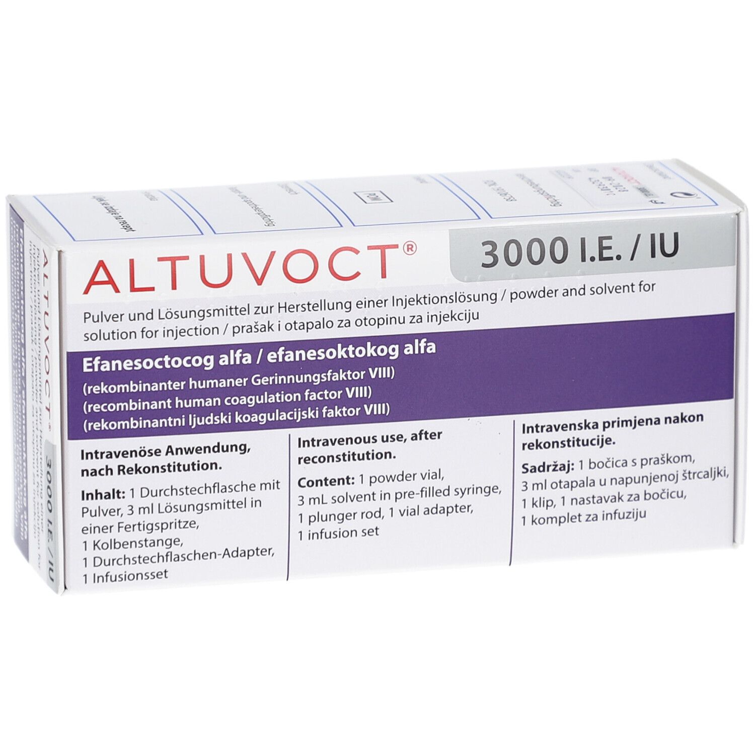 Vorderansicht der ALTUVOCT 3000 I.E. Verpackung. Enthält Informationen zur intravenösen Anwendung nach Rekonstitution.