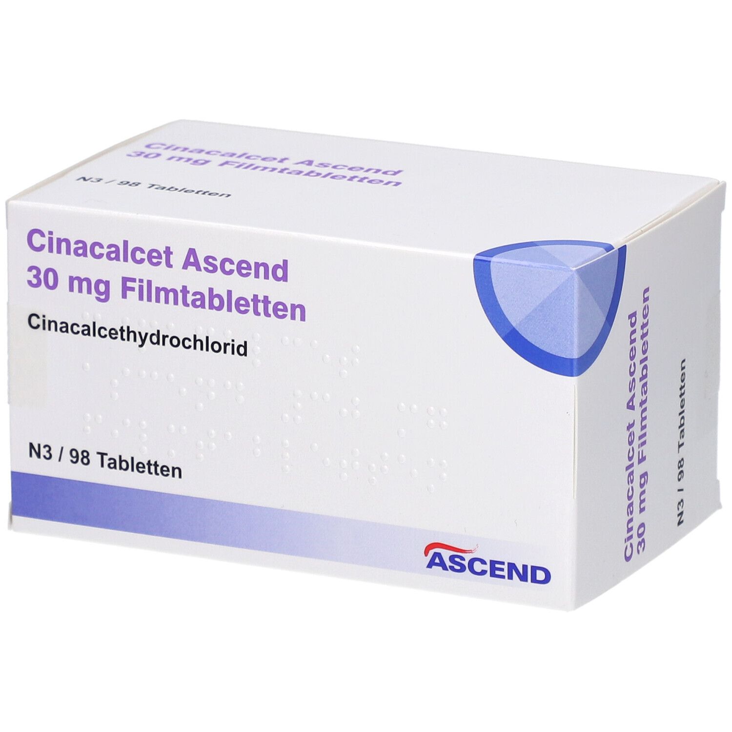 Weiße Schachtel mit Aufschrift: Cinacalcet Ascend 30 mg Filmtabletten. ASCEND-Logo.