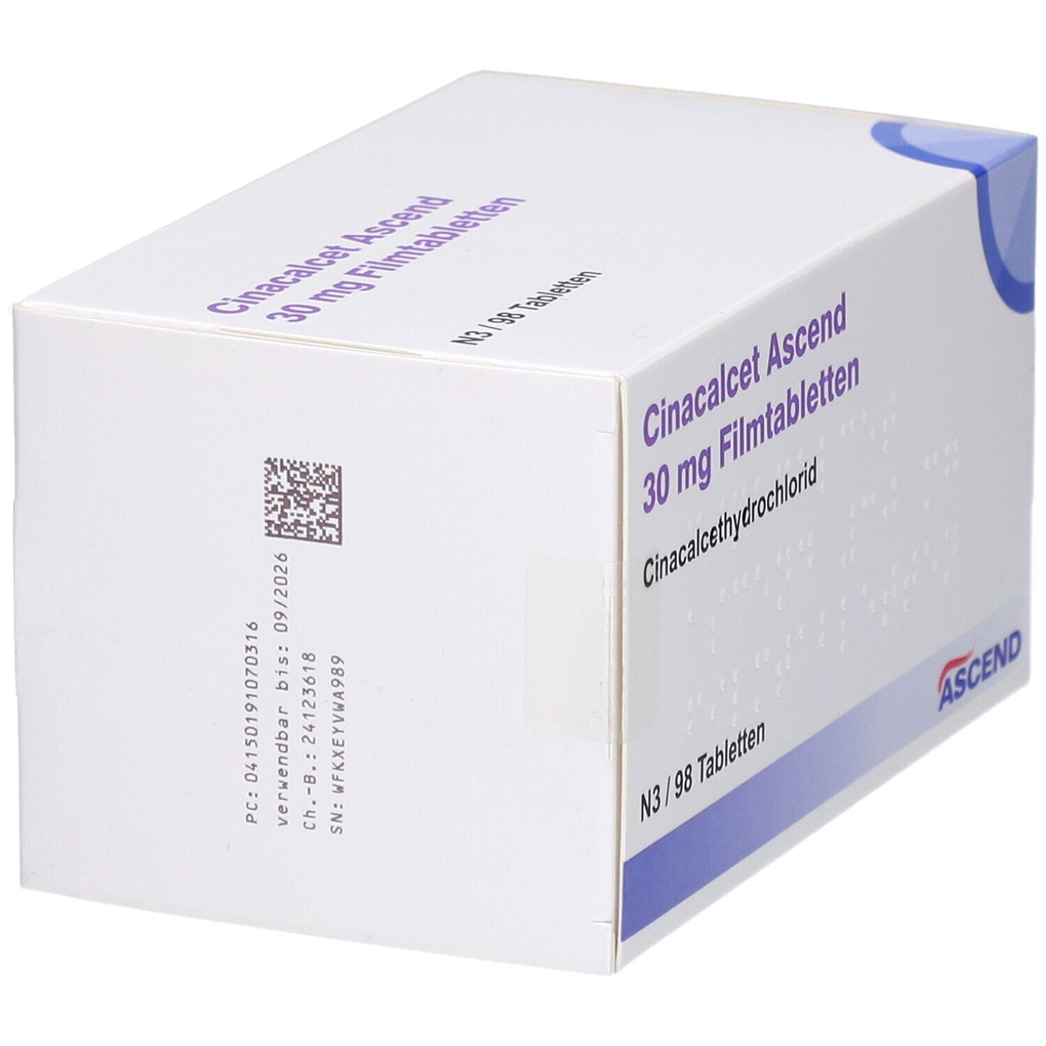 Schachtel mit Cinacalcet Ascend 30 mg Filmtabletten. QR-Code und Chargennummer auf der Seite.