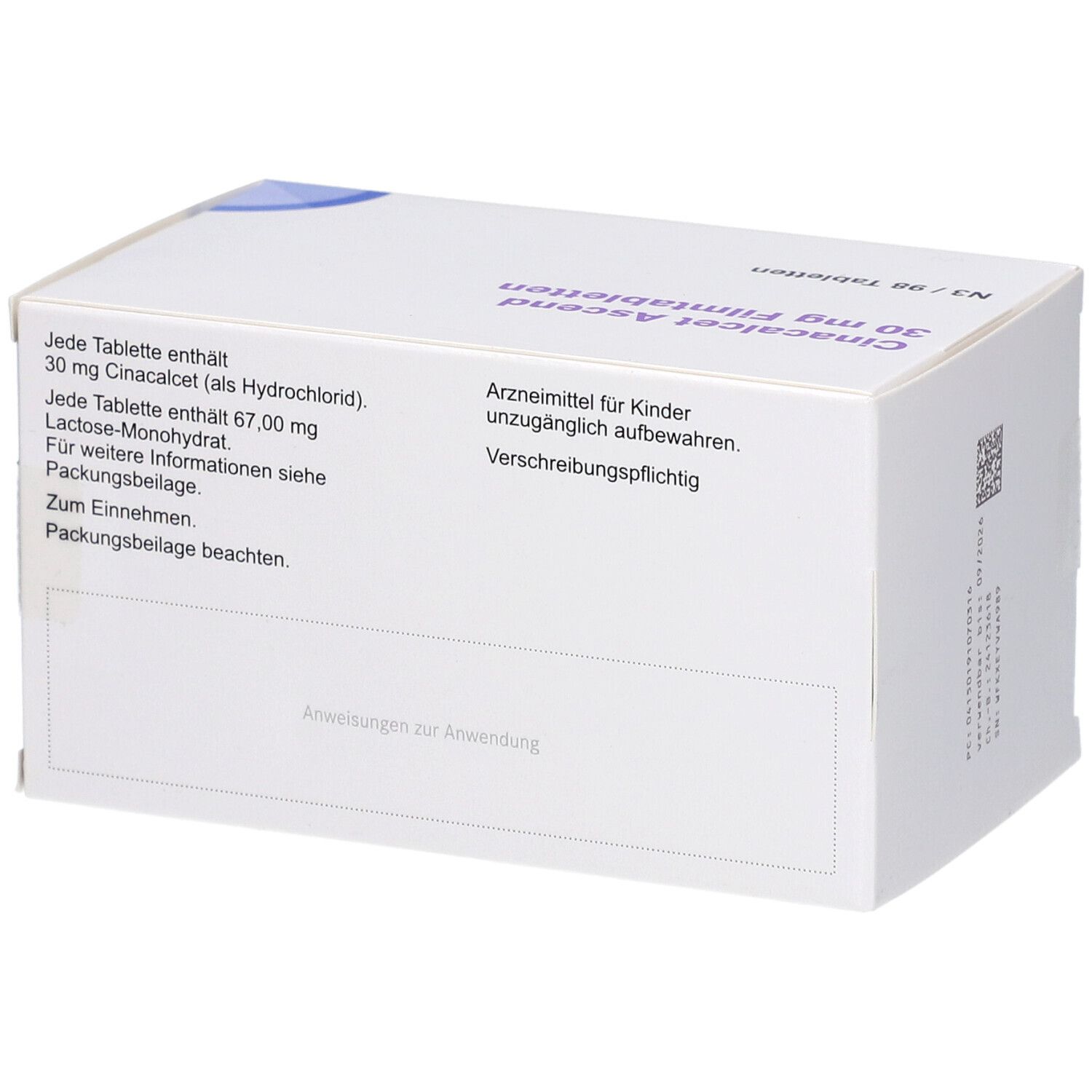 Rückseite der Schachtel mit Text: Cinacalcet Ascend 30 mg Filmtabletten. Inhaltsangaben und Warnhinweise.