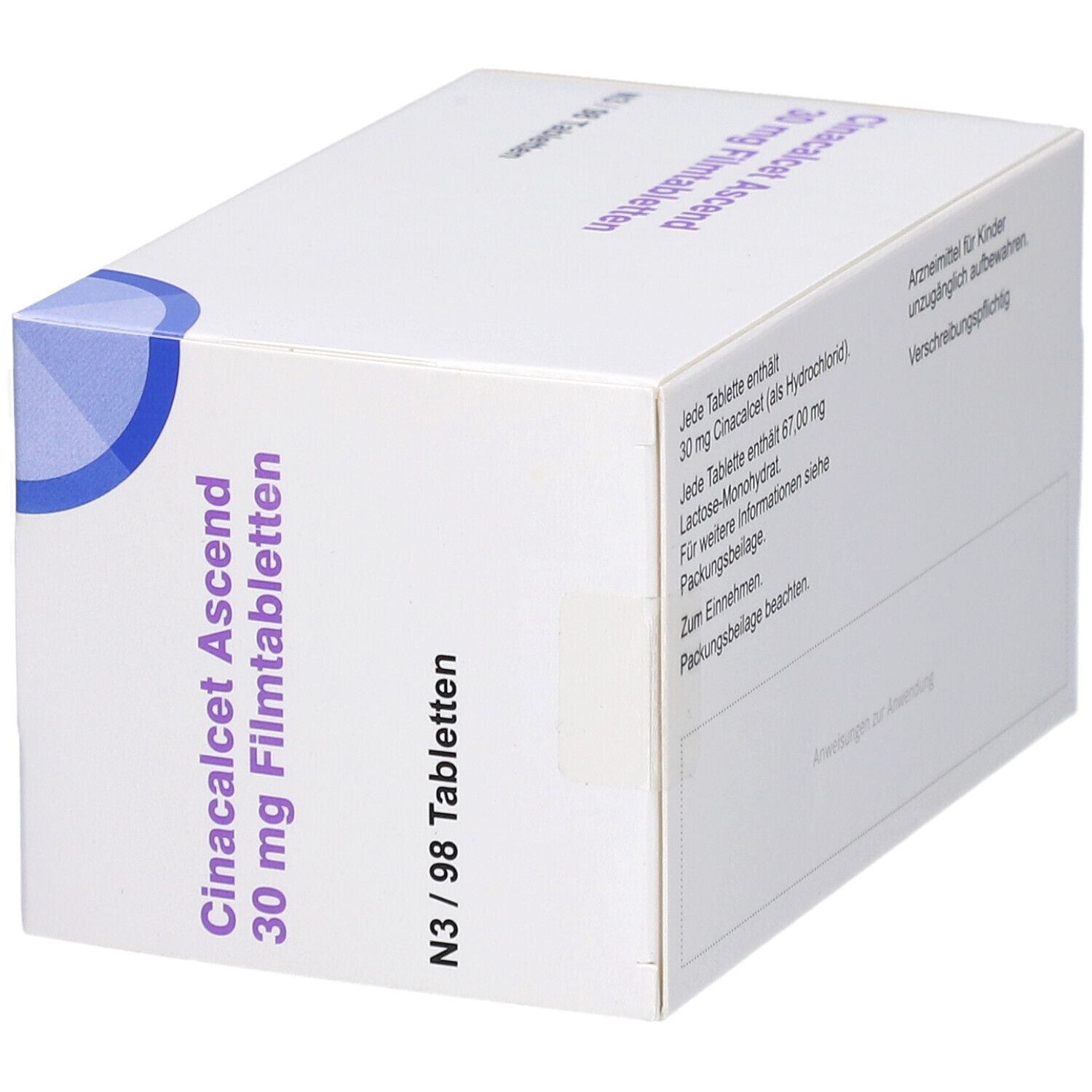 Schachtel mit Cinacalcet Ascend 30 mg Filmtabletten. Text und Informationen auf der Seite.