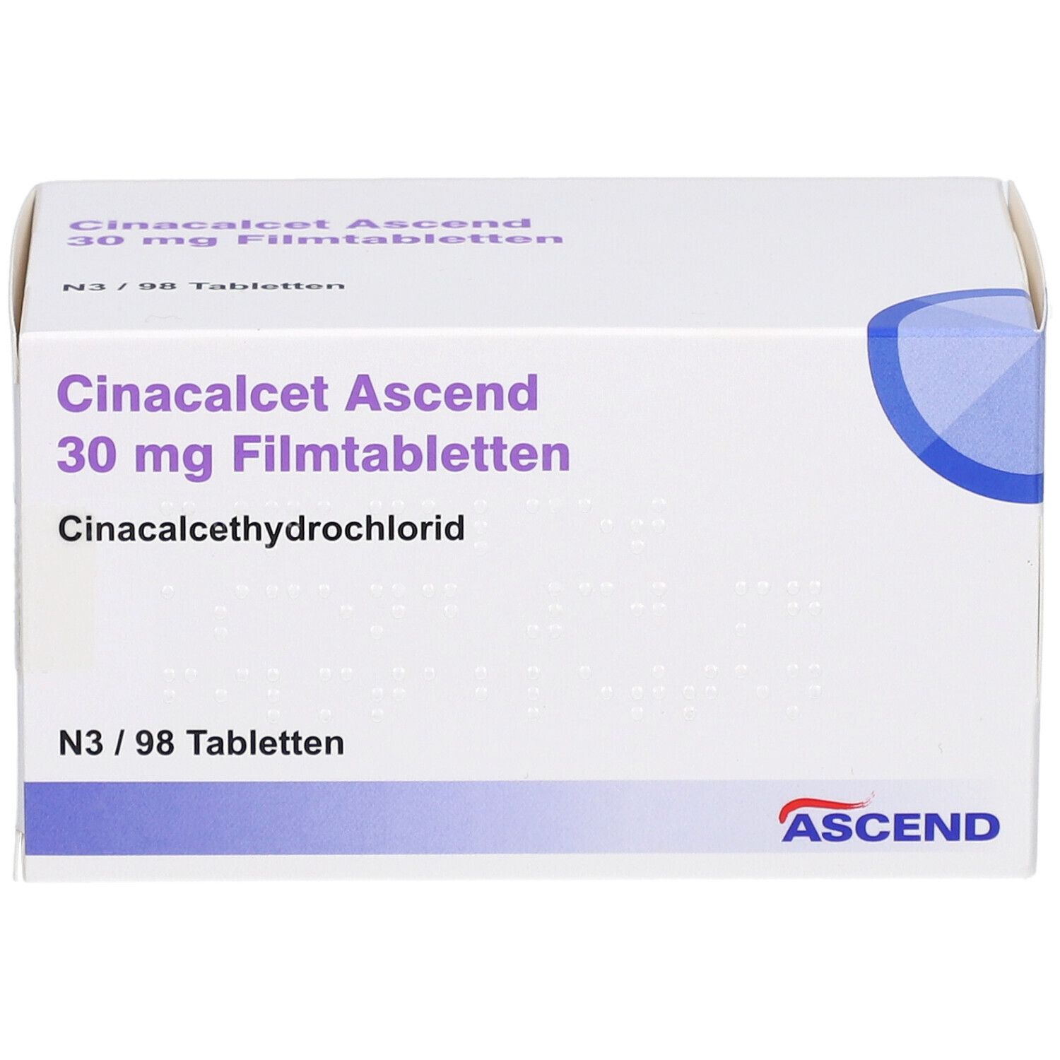 Weiße Schachtel mit Aufschrift: Cinacalcet Ascend 30 mg Filmtabletten. ASCEND-Logo.