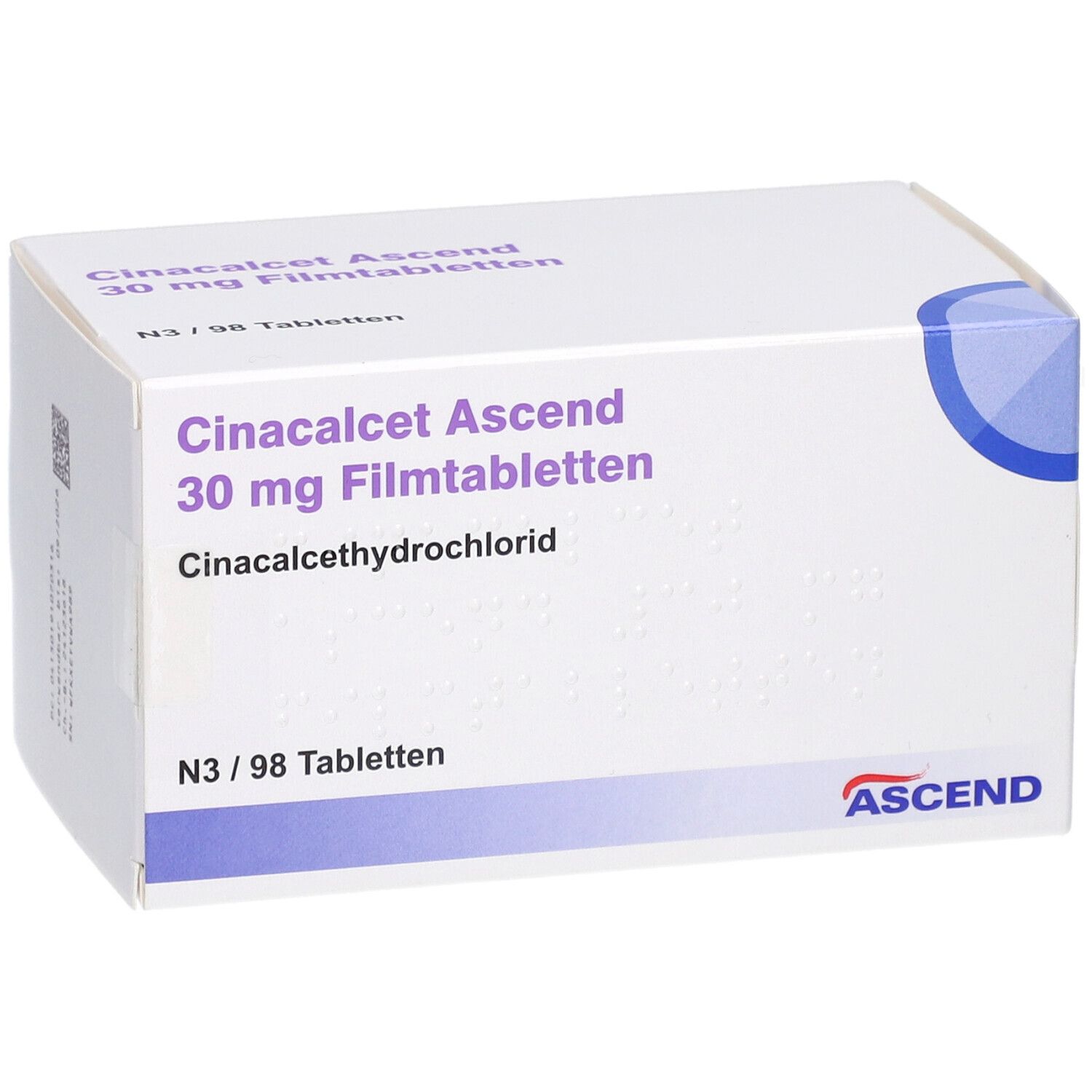 Weiße Schachtel mit Aufschrift: Cinacalcet Ascend 30 mg Filmtabletten. ASCEND-Logo.
