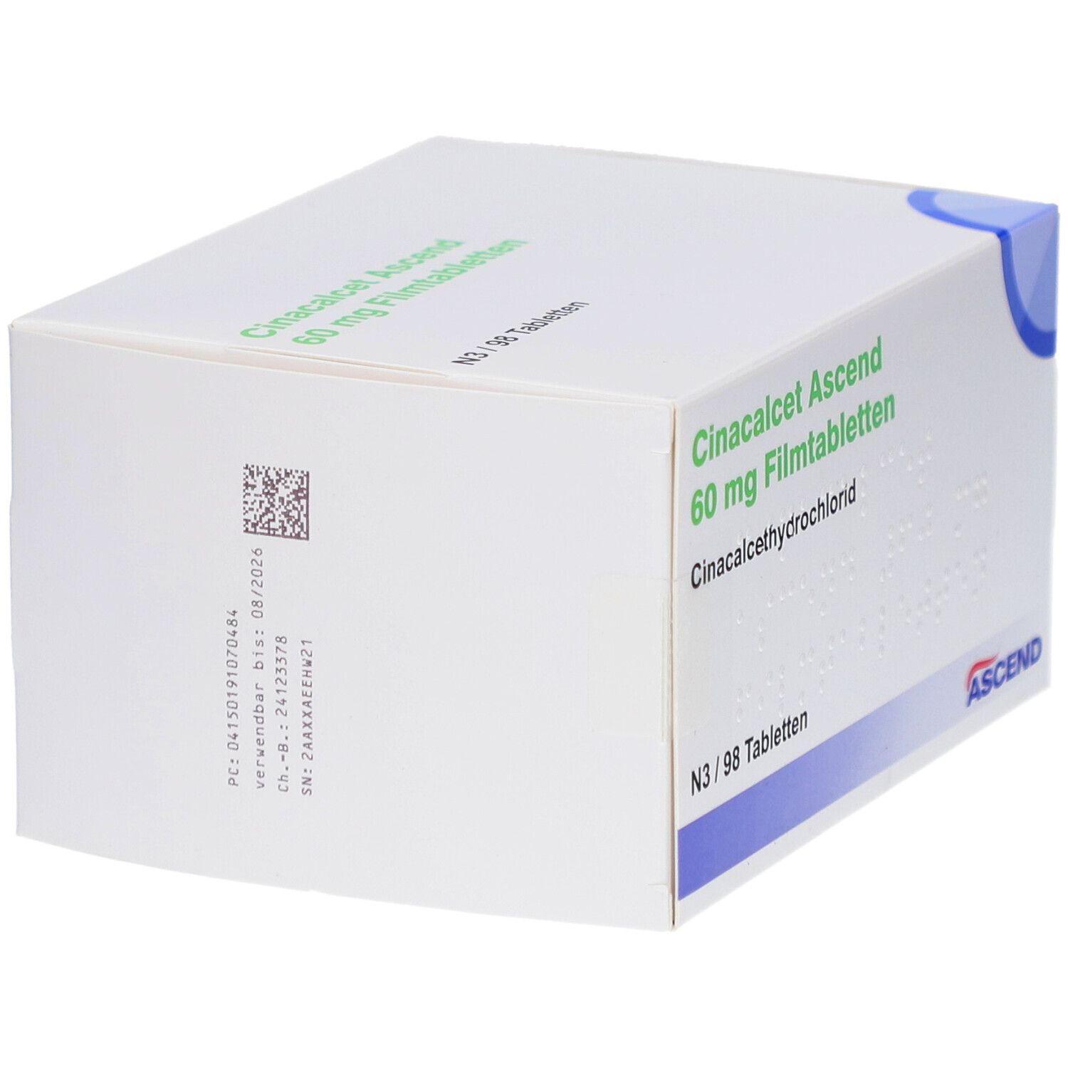 Weiße Arzneimittelverpackung. Aufschrift: Cinacalcet Ascend 60 mg Filmtabletten. Barcode und weitere Informationen.