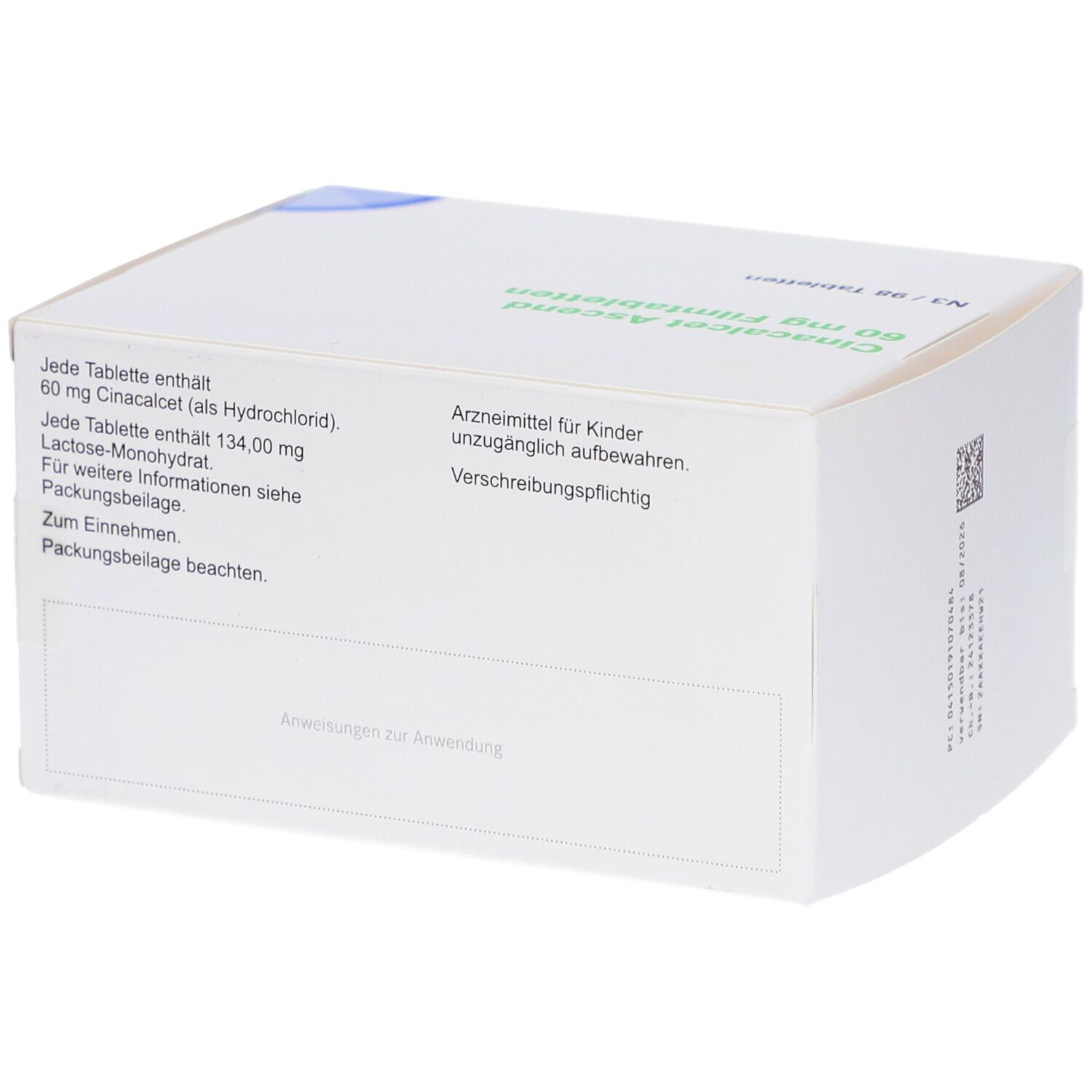 Weiße Arzneimittelverpackung. Text: Zusammensetzung, Hinweise zur Aufbewahrung, verschreibungspflichtig. Barcode.