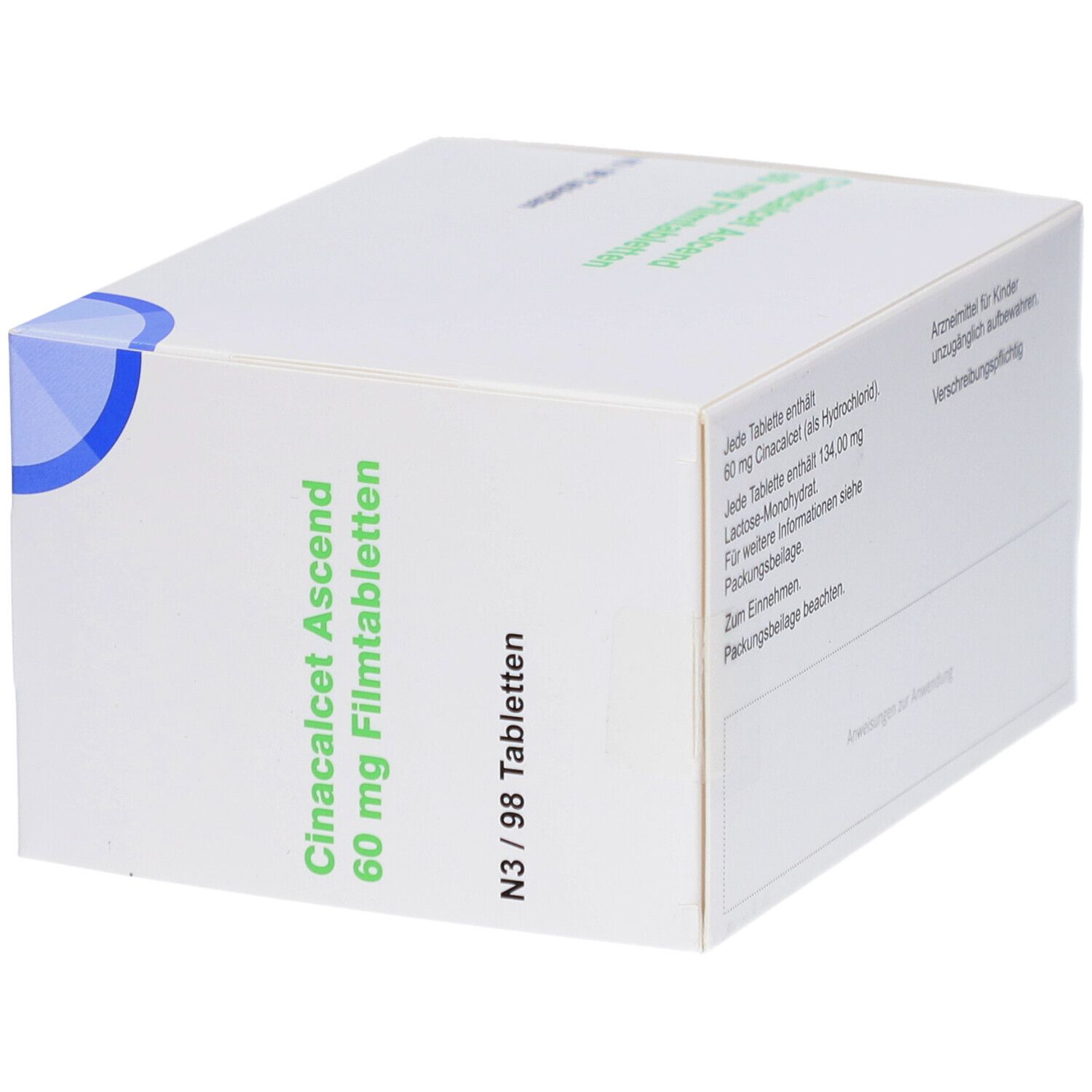 Weiße Arzneimittelverpackung. Aufschrift: Cinacalcet Ascend 60 mg Filmtabletten. Rückseite mit Text.