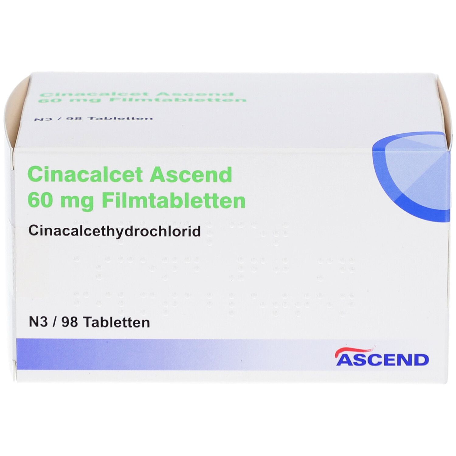 Weiße Arzneimittelverpackung. Aufschrift: Cinacalcet Ascend 60 mg Filmtabletten. Blaue und grüne Akzente. ASCEND-Logo.