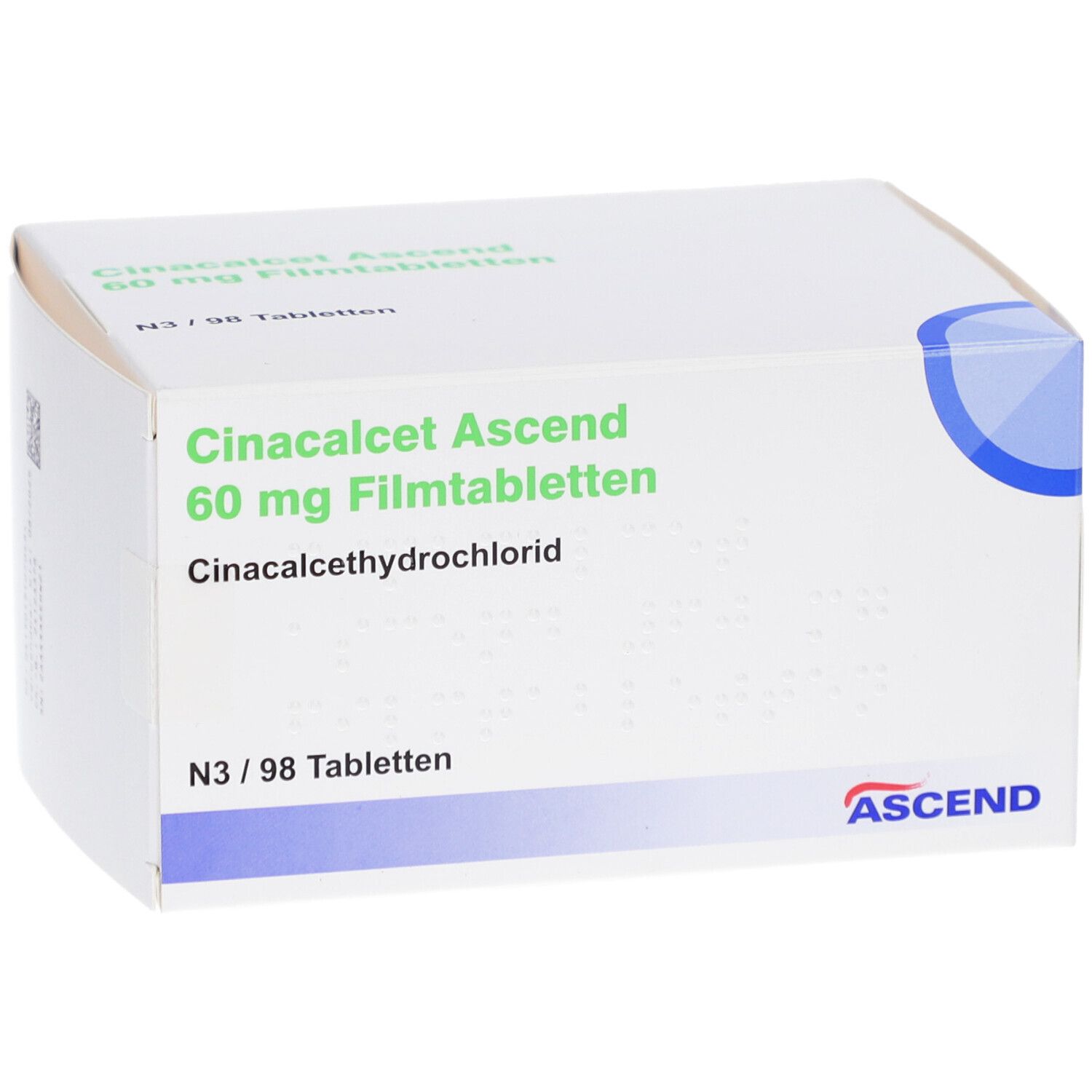 Weiße Arzneimittelverpackung. Aufschrift: Cinacalcet Ascend 60 mg Filmtabletten. ASCEND-Logo. Blaue und grüne Akzente.