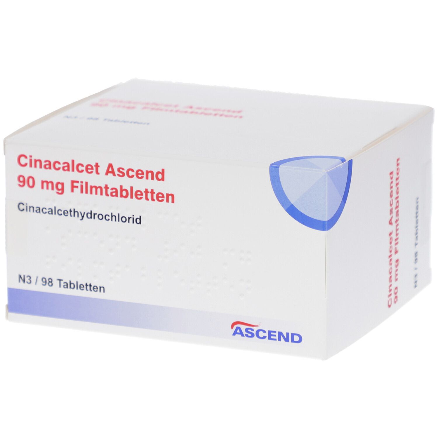 Schachtel mit Aufschrift: Cinacalcet Ascend 90 mg Filmtabletten. ASCEND-Logo. N3/98 Tabletten.