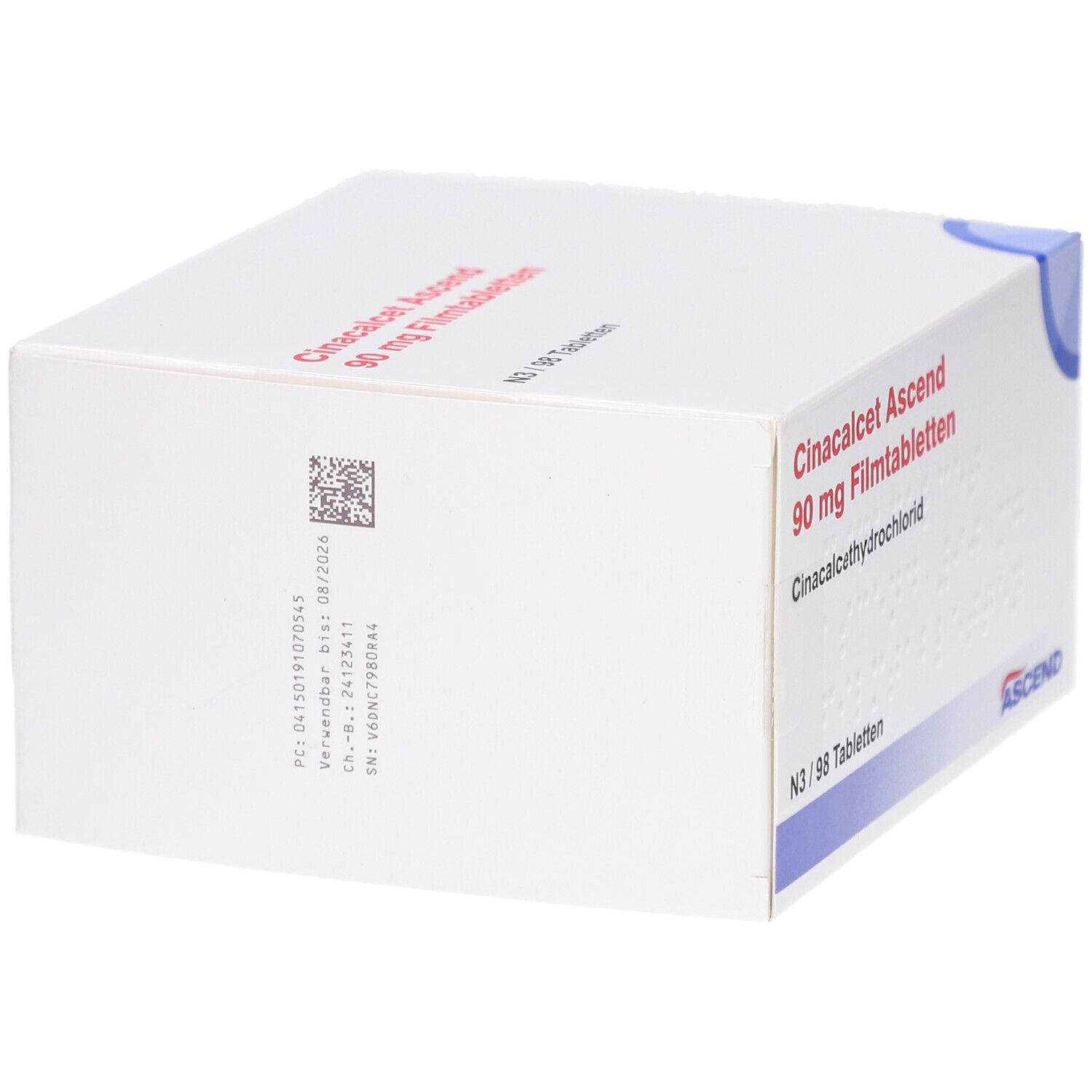 Weiße Schachtel mit Aufschrift: Cinacalcet Ascend 90 mg Filmtabletten. Barcode und weitere Informationen.