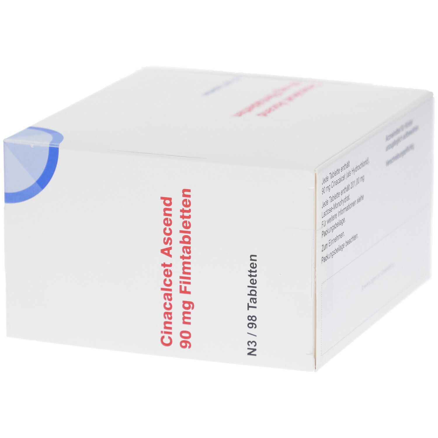 Schachtel mit Aufschrift: Cinacalcet Ascend 90 mg Filmtabletten. N3/98 Tabletten. Blaue Ecke.