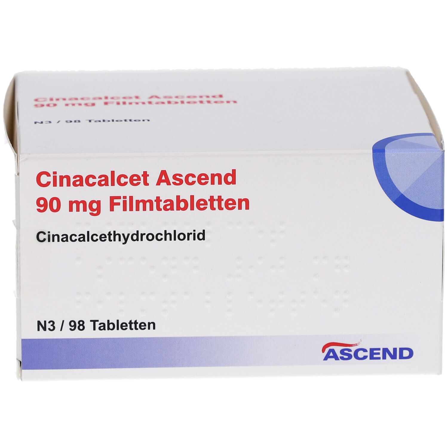 Schachtel mit Aufschrift: Cinacalcet Ascend 90 mg Filmtabletten. Cinacalcethydrochlorid. N3/98 Tabletten. ASCEND-Logo.