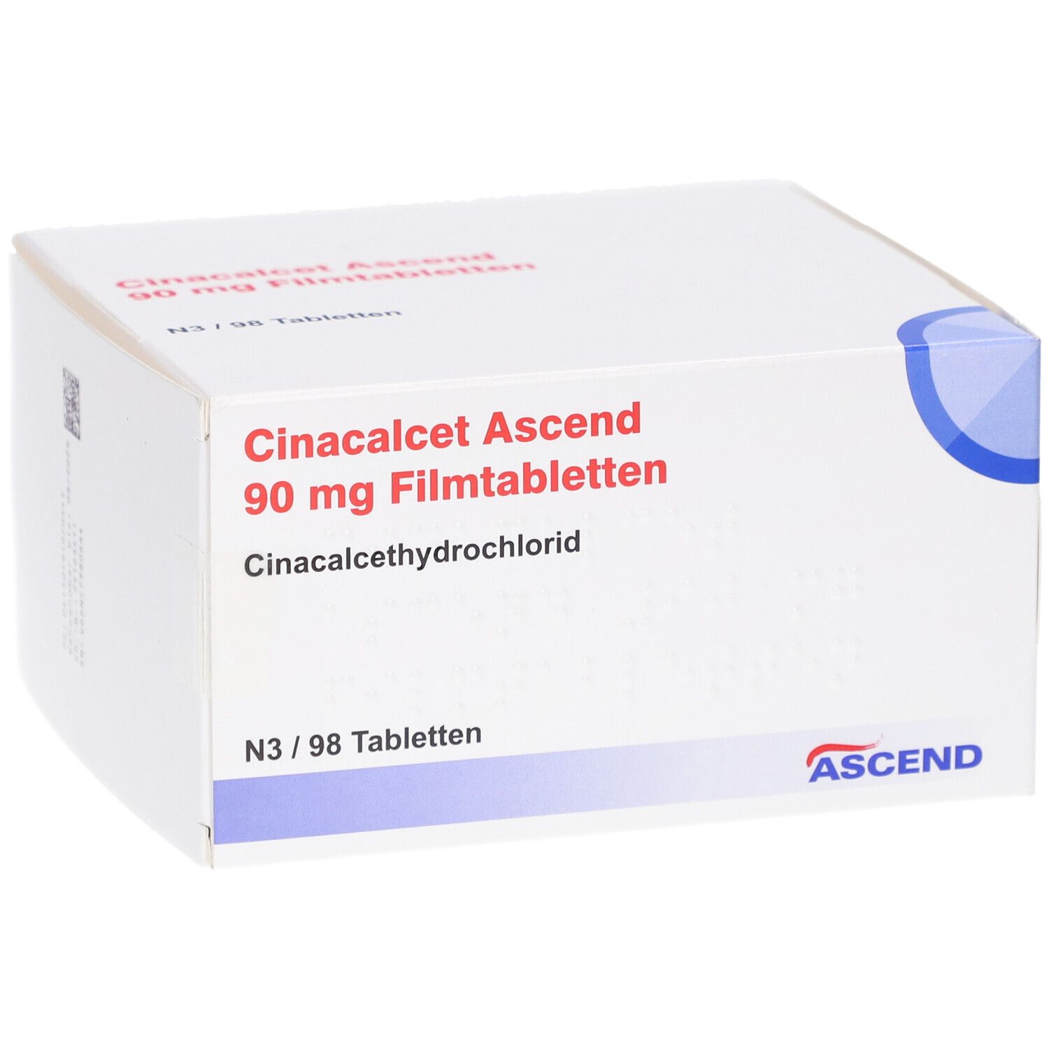 Schachtel mit Aufschrift: Cinacalcet Ascend 90 mg Filmtabletten. ASCEND-Logo. N3/98 Tabletten.