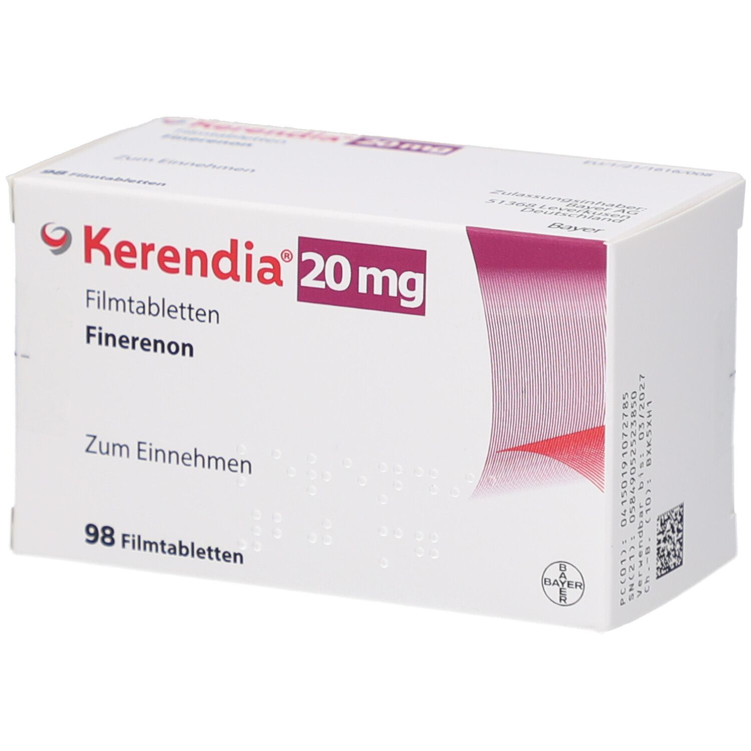 Schachtel mit KERENDIA 20 mg Filmtabletten. Aufschrift: 98 Filmtabletten, Zum Einnehmen, Finerenon.