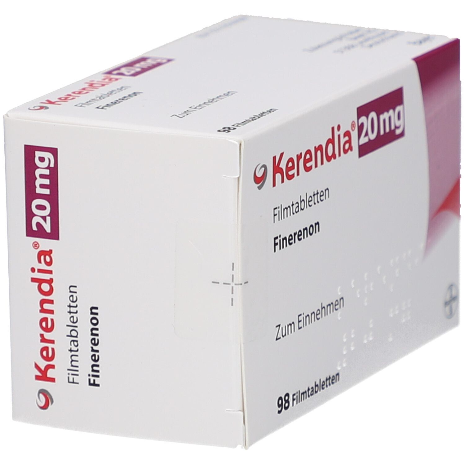 Schachtel mit KERENDIA 20 mg Filmtabletten. Aufschrift: Finerenon, Zum Einnehmen, 98 Filmtabletten.