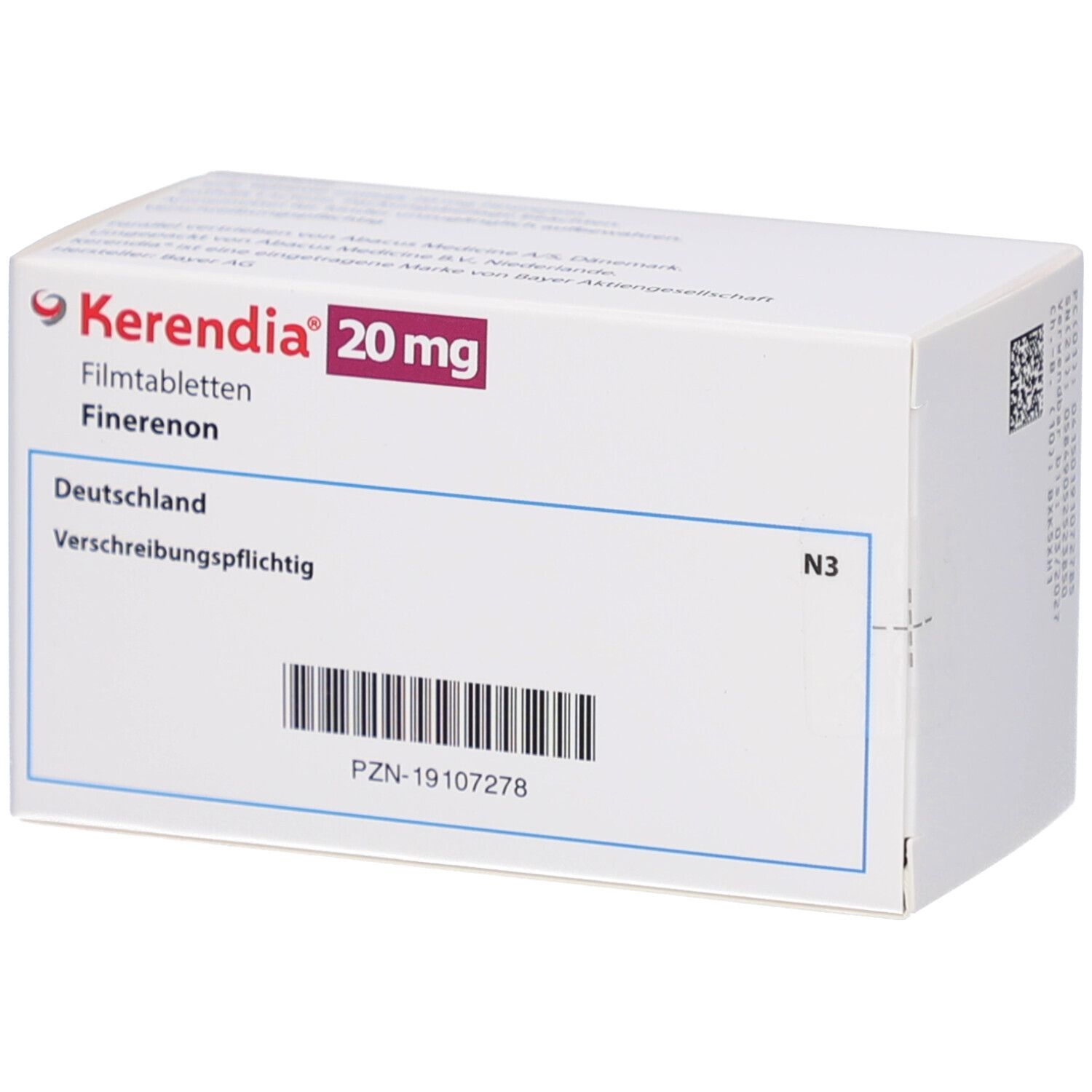 Schachtel mit KERENDIA 20 mg Filmtabletten. Aufschrift: Deutschland, Verschreibungspflichtig, PZN-19107278.