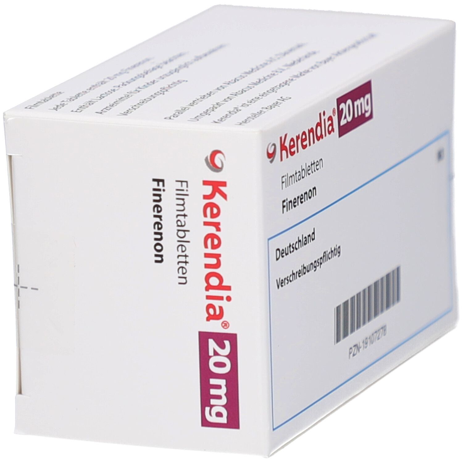 Schachtel mit KERENDIA 20 mg Filmtabletten. Aufschrift: Finerenon, Deutschland, Verschreibungspflichtig.