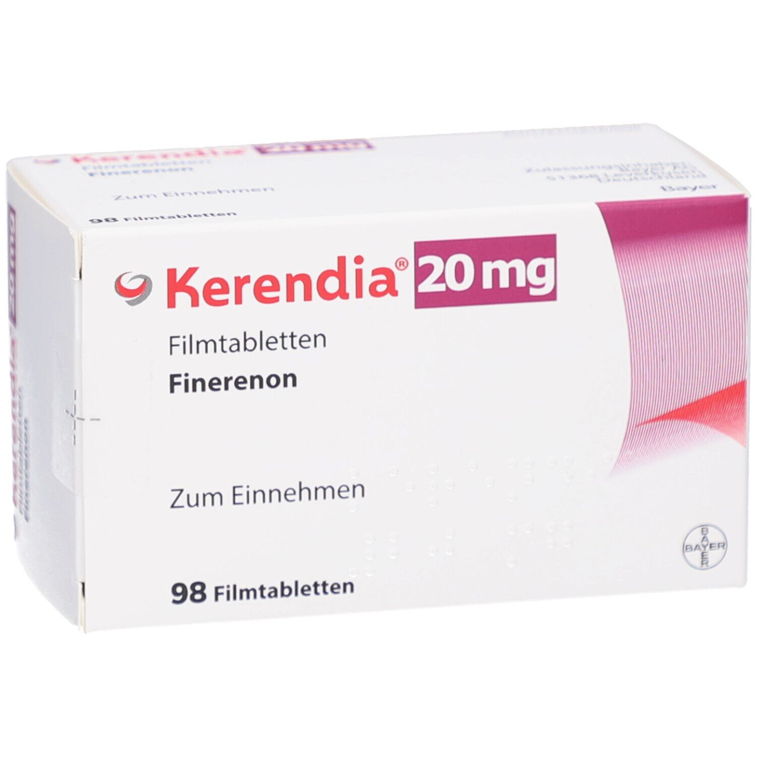 Schachtel mit KERENDIA 20 mg Filmtabletten. Aufschrift: Zum Einnehmen, 98 Filmtabletten, Finerenon.