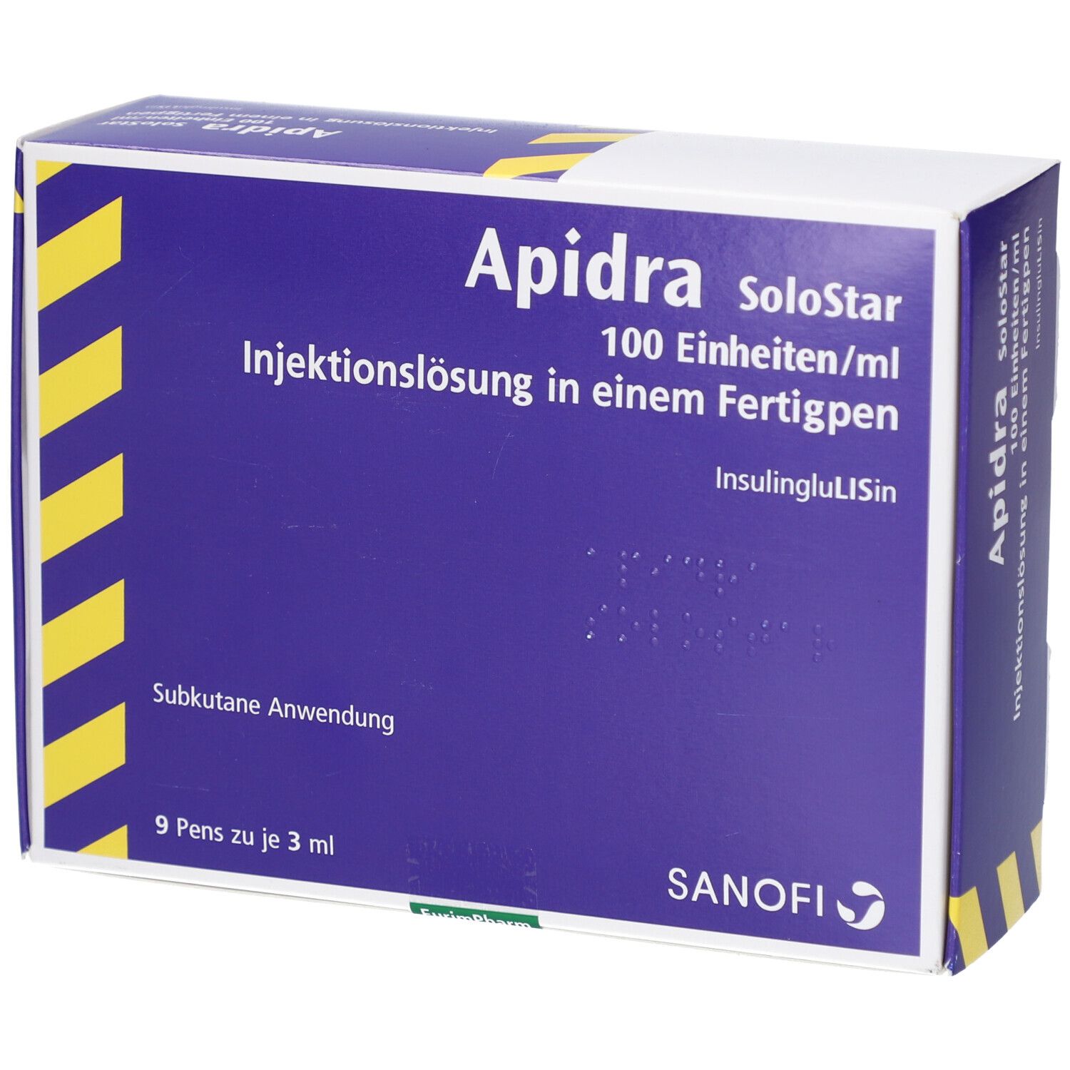 Blau-weiße Schachtel mit "Apidra SoloStar"-Aufdruck. Enthält 9 Fertigpens. Sanofi-Logo.