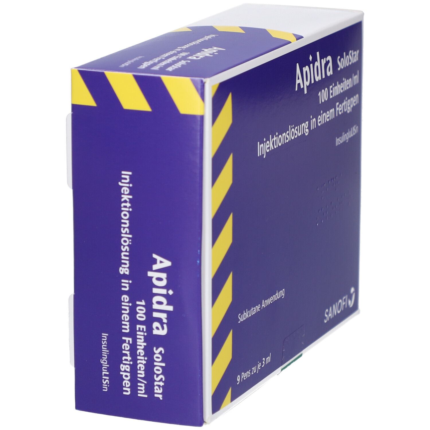 Schachtel "Apidra SoloStar" in blau-weiß. Aufdruck: 100 Einheiten/ml. 9 Fertigpens. Sanofi.