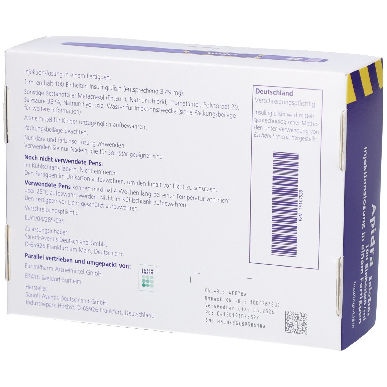 Rückseite der "Apidra SoloStar"-Schachtel. Text in Deutsch. Barcode und Herstellerinformationen.