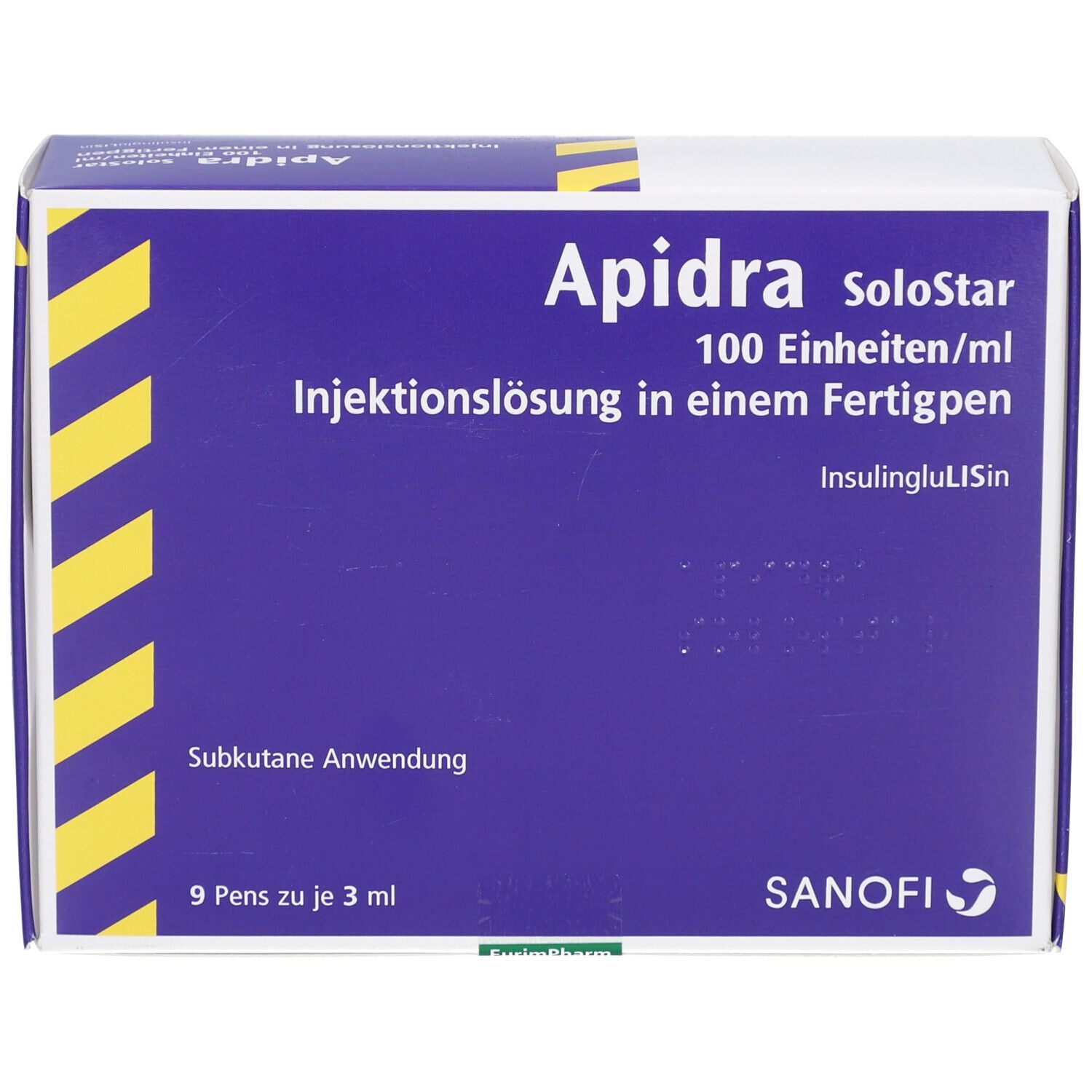 Blau-weiße Schachtel "Apidra SoloStar". Aufdruck: 100 Einheiten/ml. 9 Pens. Sanofi-Logo.