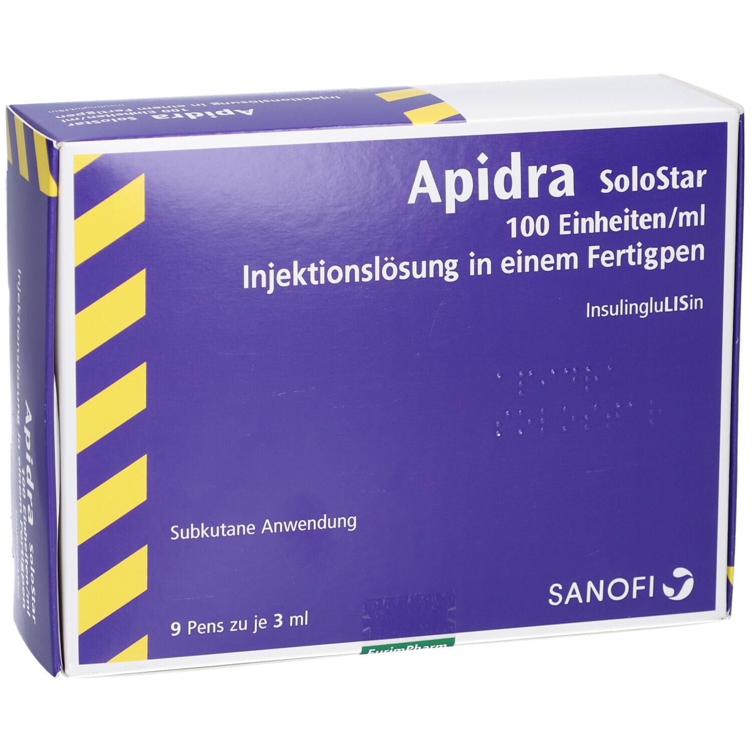 Blau-weiße Schachtel "Apidra SoloStar". Aufdruck: 100 Einheiten/ml. 9 Pens. Sanofi-Logo.