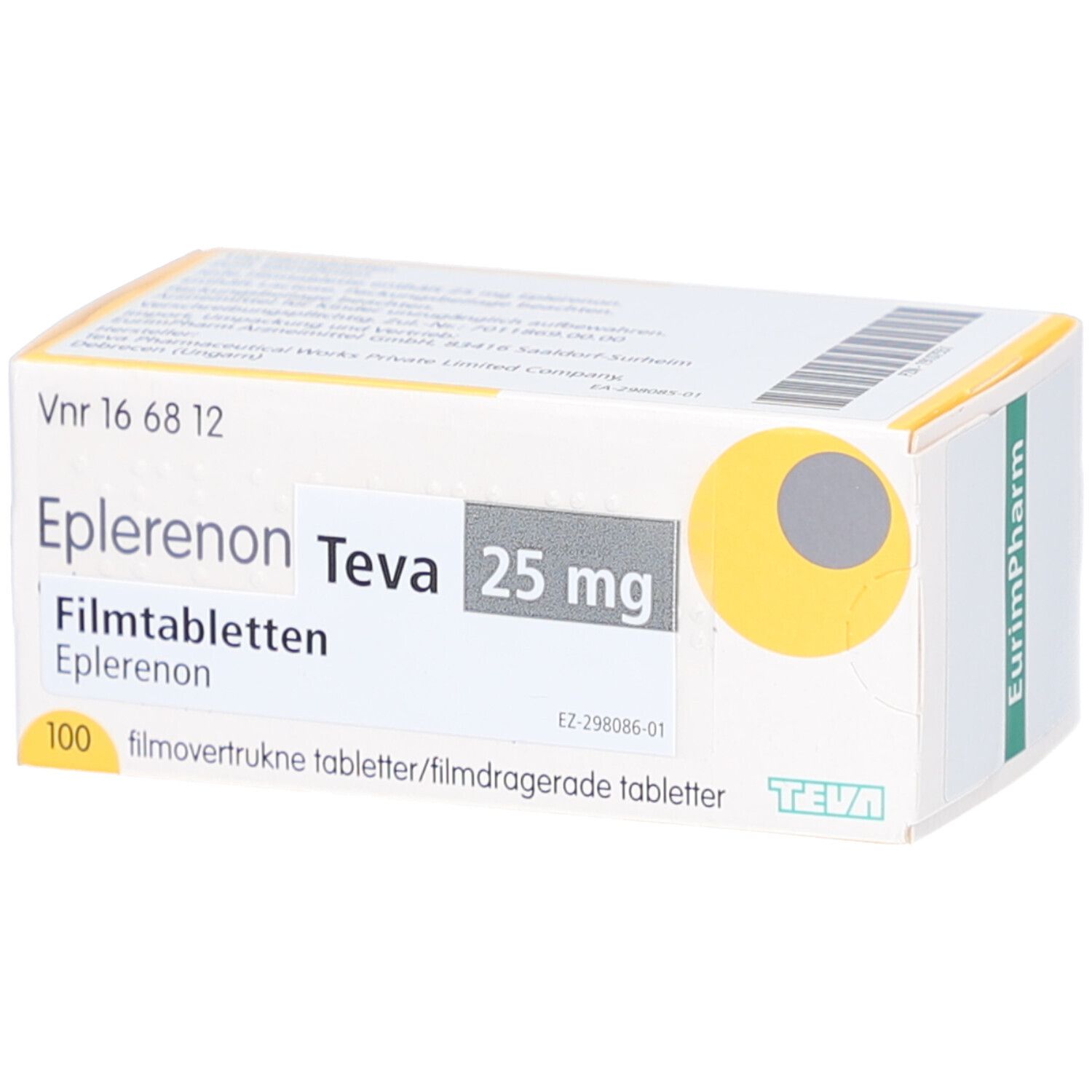 Schachtel mit Eplerenon Teva 25 mg Filmtabletten. Aufschrift: 100 Filmtabletten. Gelber Kreis mit grauem Punkt.