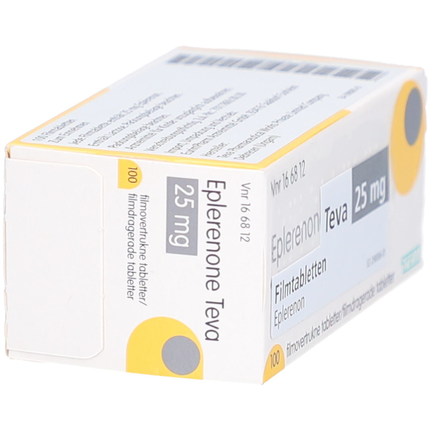 Schachtel mit Eplerenon Teva 25 mg Filmtabletten. Seitenansicht. Aufschrift: 100 Filmtabletten. Gelber Kreis.